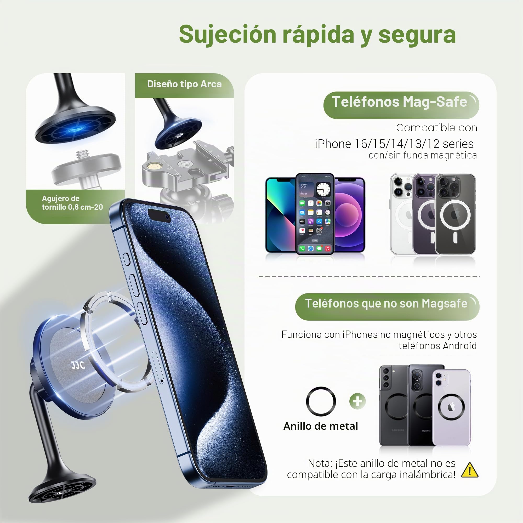 JJC Trípode Magnético de 61 Pulgadas con Estacas de Pico, Soporte para Teléfono, Trípode Extensible de Aluminio para Entrenamiento de Swing de Golf, Soporte de Teléfono para iPhone 16, 15, 14