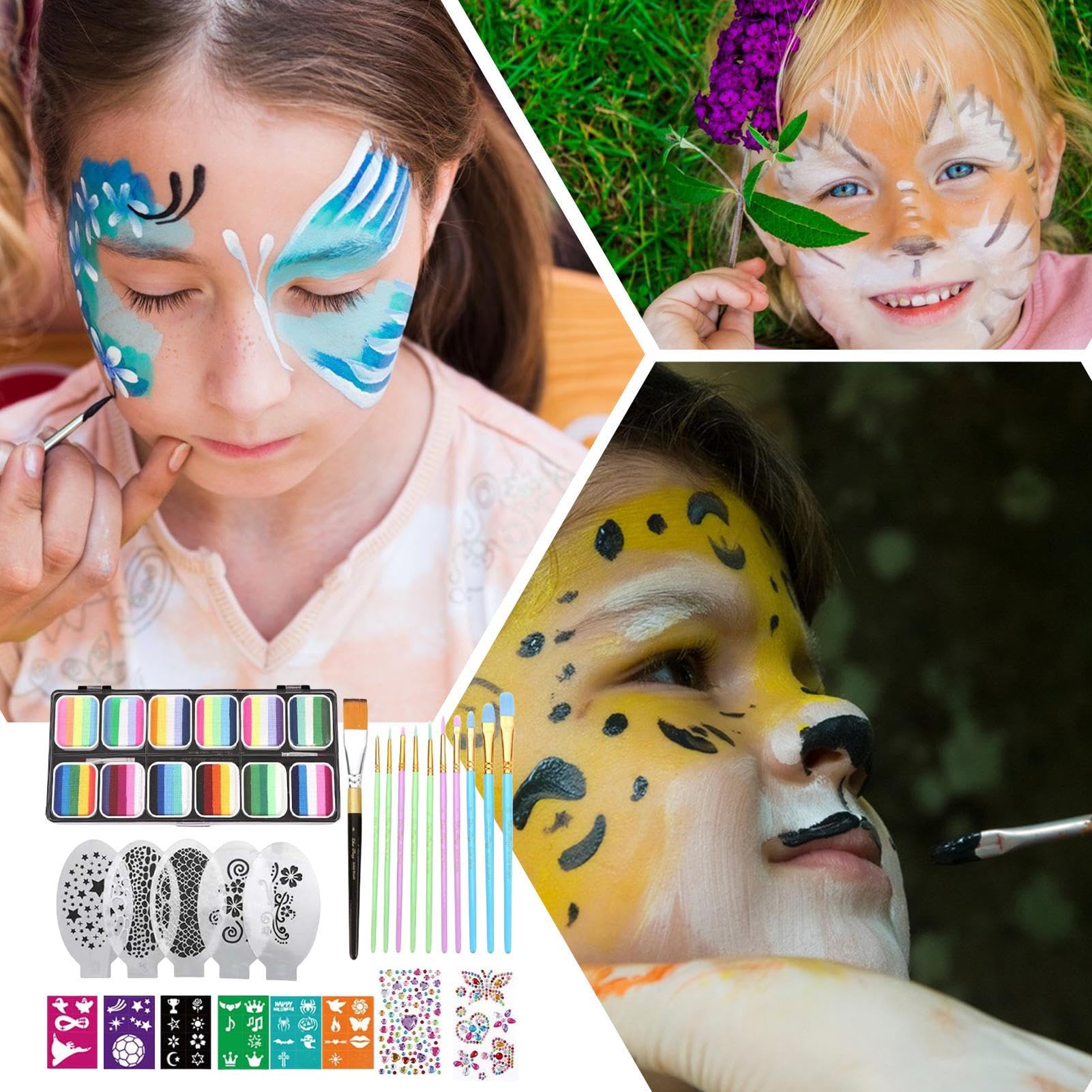 Kit per pittura viso, corpo e viso, con da 12 griglie, cosmetici lavabili con pennelli e stencil, per Halloween, compleanno, teatro, sfilate, cosplay ed eventi