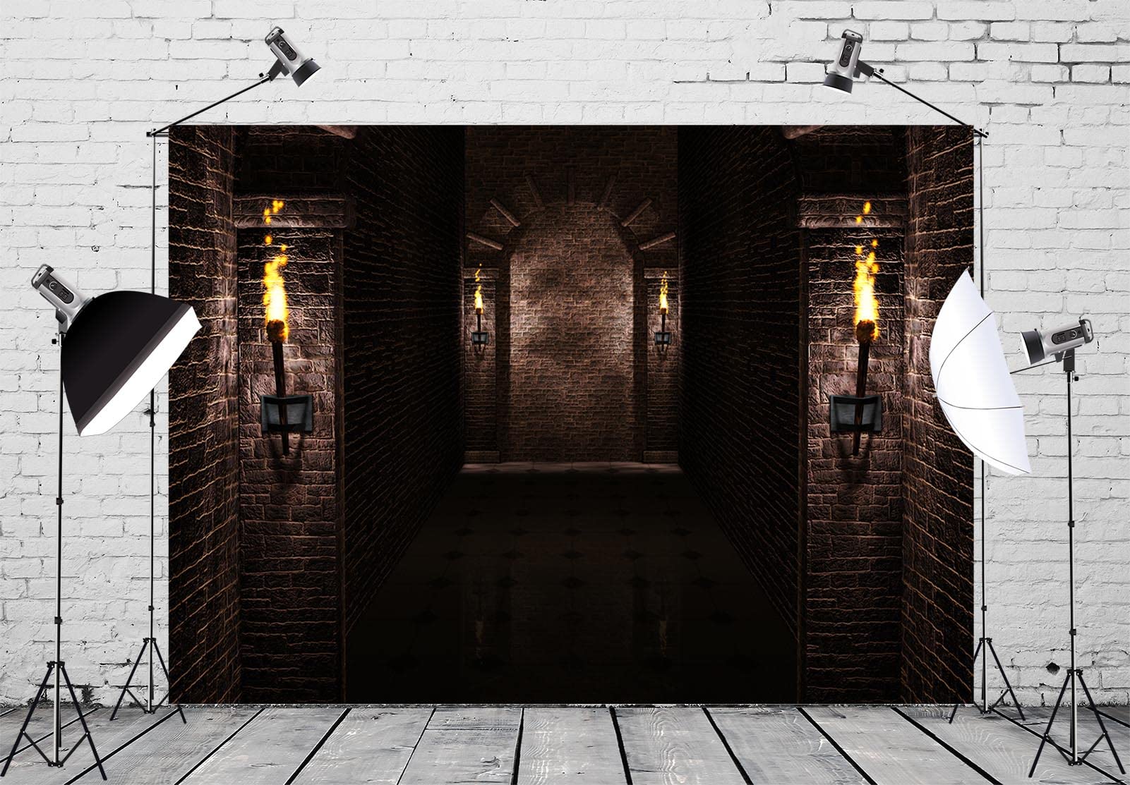 BELECO 3x2.5m Stoff-Hintergrund für gotische Burg,alte Schwarze Ziegelsteinmauer,Bögen,Fackeln,Kerker,mittelalterliche Burgszene,Halloween-Nacht-Hintergrund,mittelalterliche Party-Dekorationen