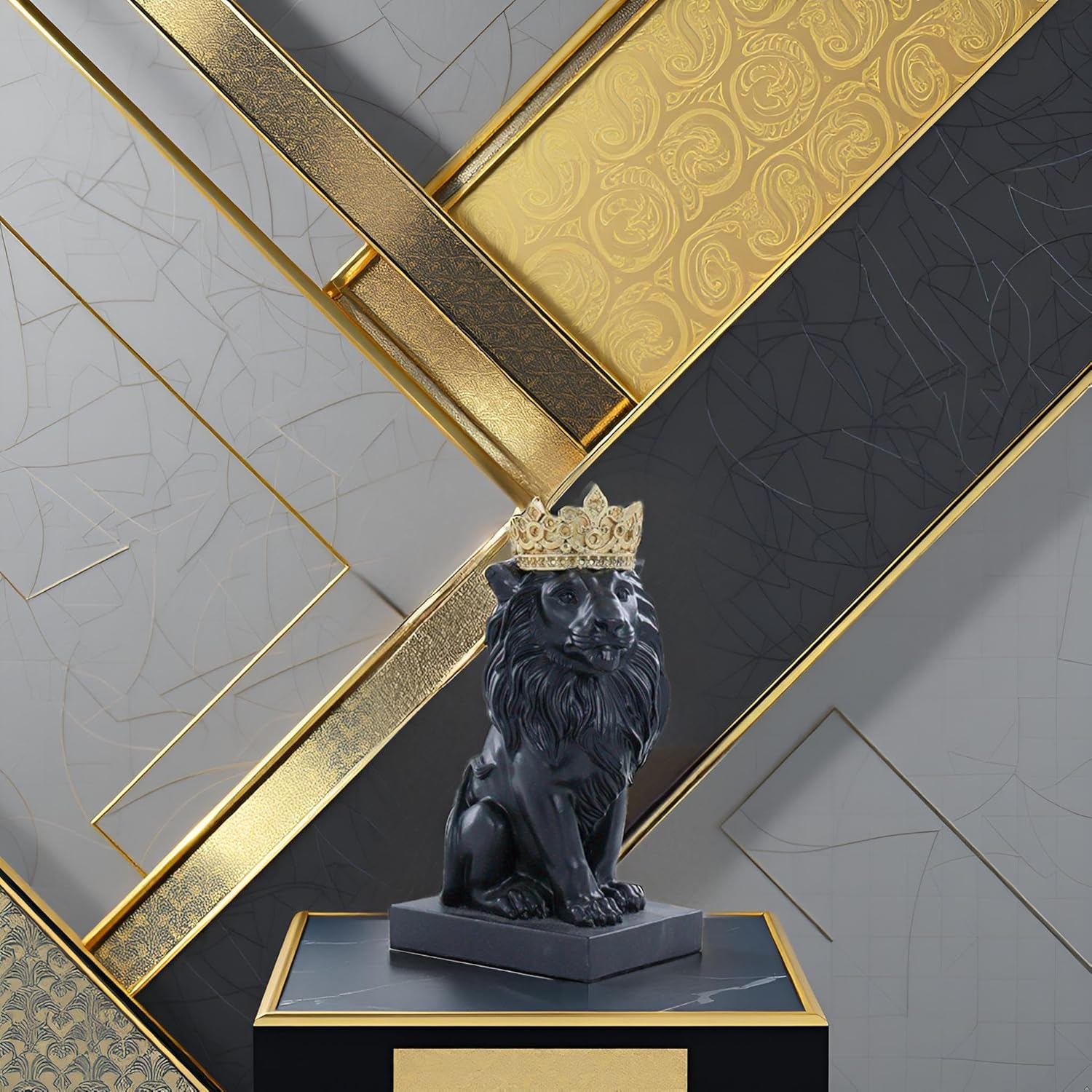 8" Crown Lion King Statue Decor, The King of Beasts - Statue Decoration for Home/Study/Living Room, Great Collectible Figurines, Best Gift for The Man, Black Golden Color