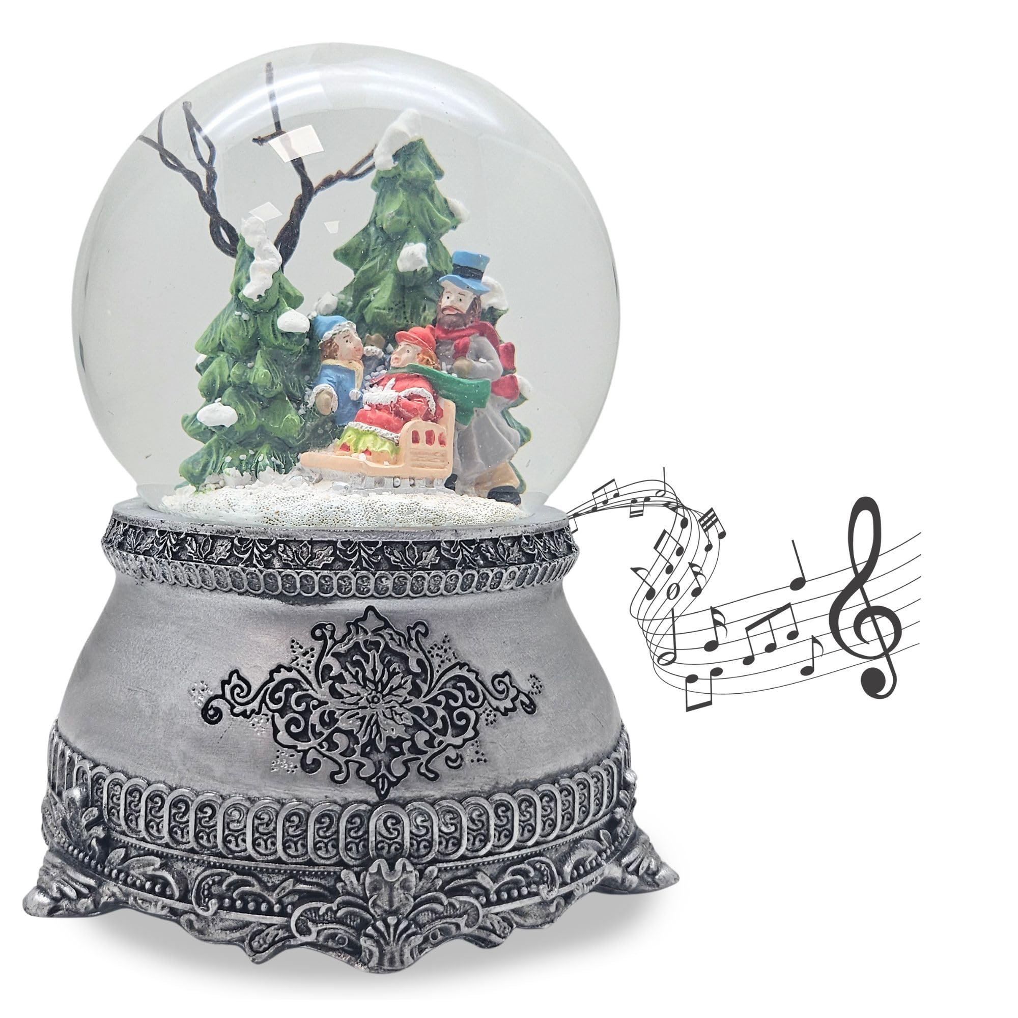 Weihnachts-Schneekugel mit Musik | Schneekugel Winterspaziergang mit Familie | Sockel Zinnoptik Ornamente | 100mm breit, 140mm hoch | mechanische Spieluhr | Weihnachtsdekoration | 20316