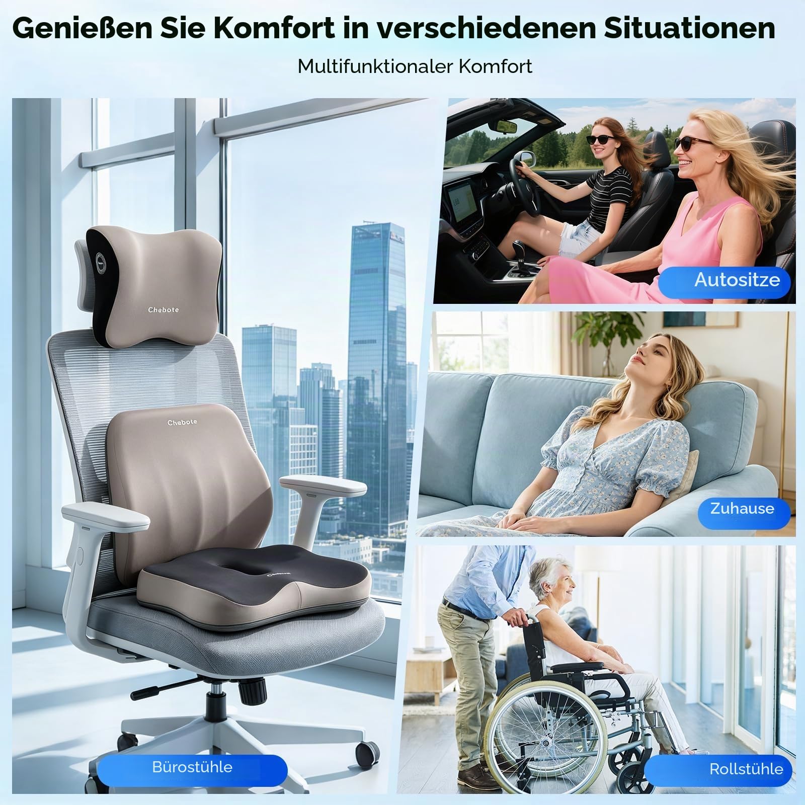 3-in-1 Sitzkissen orthopädisch mit Lordosenstütze & Nackenstütze – Memory Schaum Set für Bürostuhl, Auto & Reise, Waschbar Rutschfestes Rückenlehne zur Schmerzlinderung bei Ischias & Langzeit Sitzen