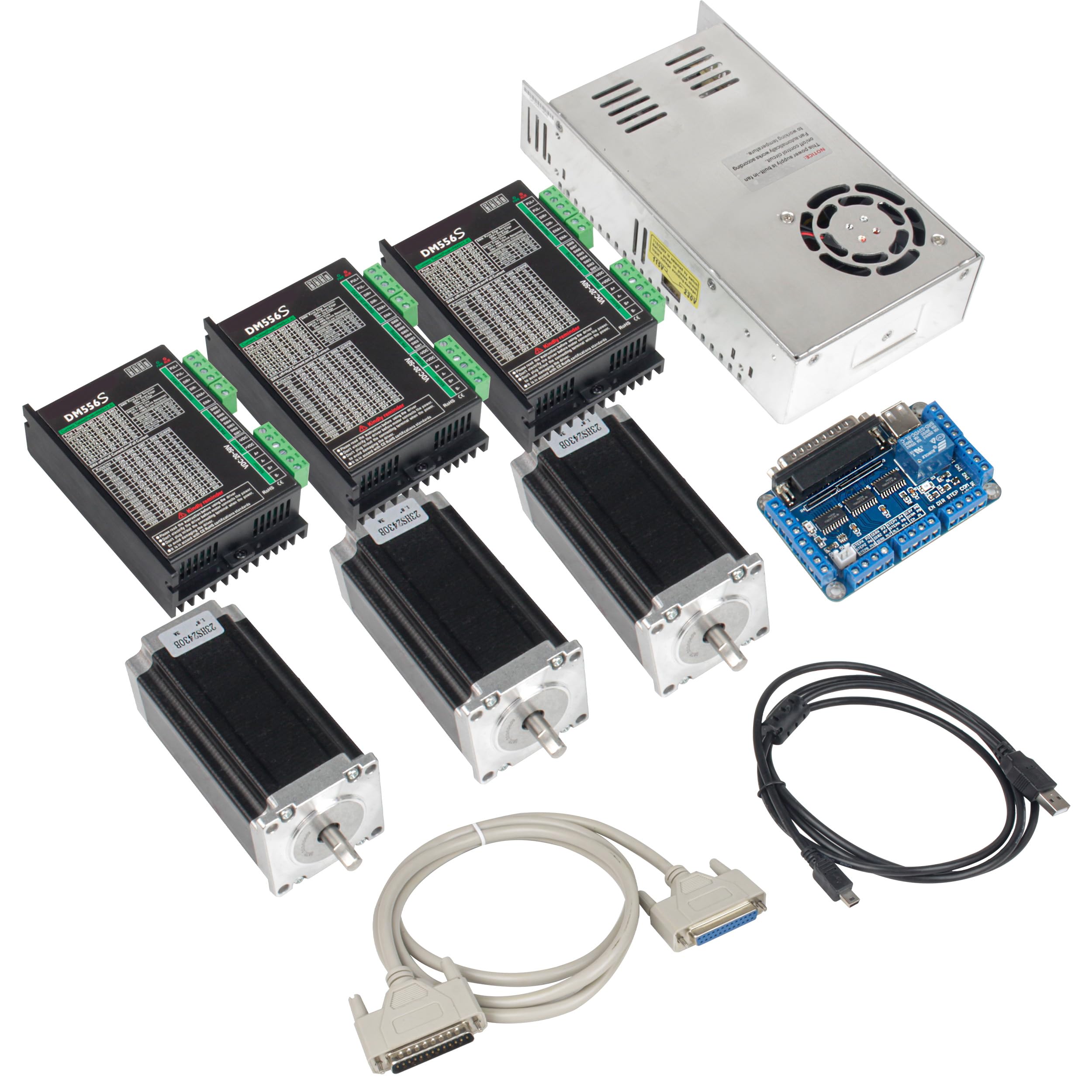 RATTMMOTOR 3 Achsen CNC Steuerung Kit Nema 23 Schrittmotor 425oz-in 112mm, DM556S Schrittmotor Treiber 6A 256 Microstep, 5 Achsen Parallel Interface Breakut Board + 400W 36V Netzteil