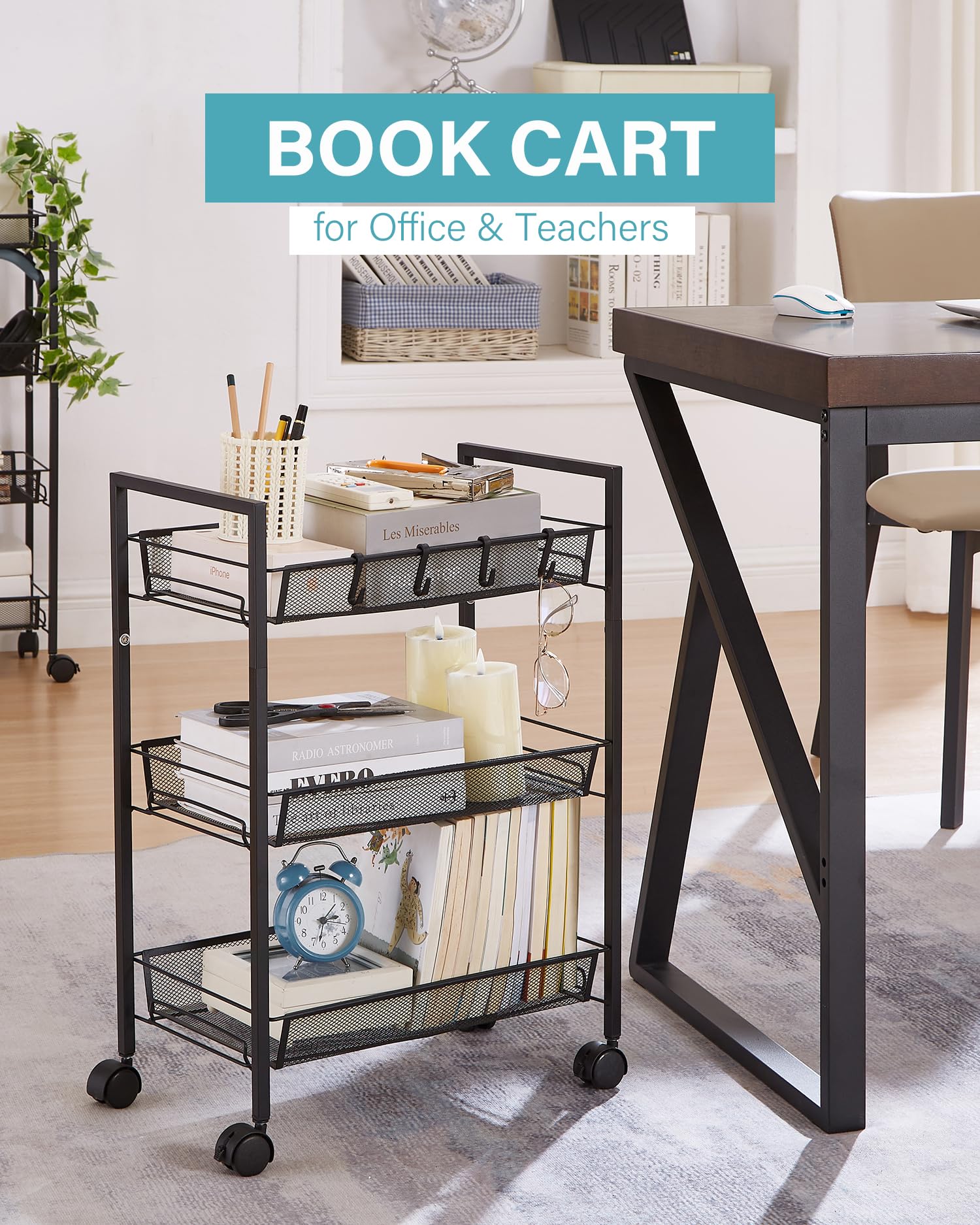 crkmire 3 Tier Metal Rolling Cart, Utility Storage Cart with Wheels & Handle Mobile Book Art Snack Diaper Baby Bathroom Trolley Cart for Teacher, Office, Nursing & More