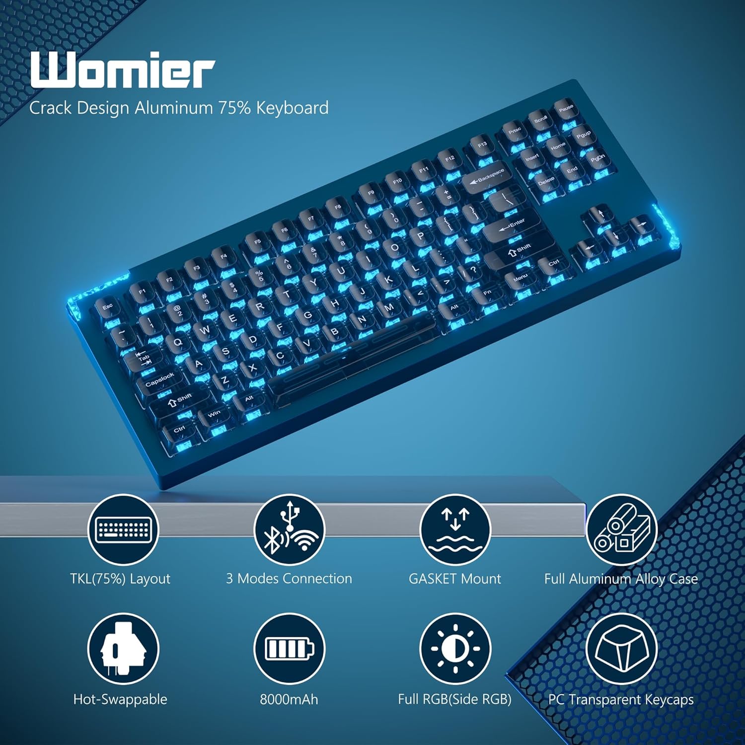 SK87 75% Wireless Gaming Keyboard QMK/VIA, Full Aluminum Transparent keycaps Mechanical Keyboard, Bluetooth 5.0/2.4GHz/USB-C Wired Programmable Keyboard, Hot Swappable, POM Linear Switch (Blue)