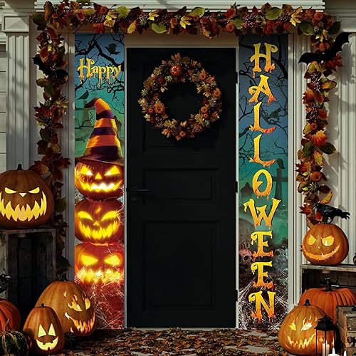 Miniatura 1 de Tiamon 2 pancartas para puerta de Halloween, letreros de calabaza malvada y sombreros de bruja para puerta delantera, pared, porche y decoración de