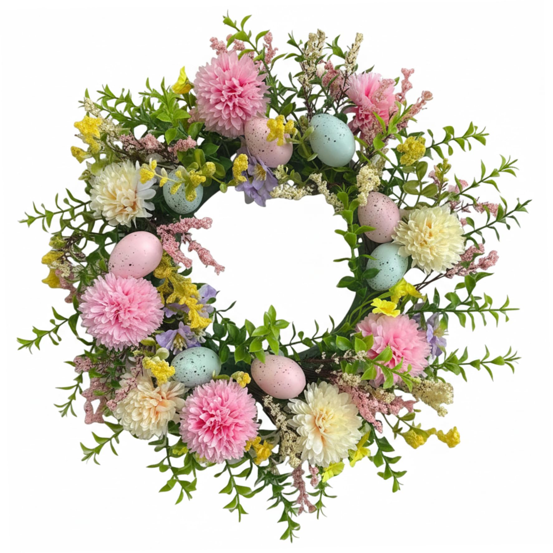 Ginwrek Easter Door Wreath Easter Wreaths for Front Door, 40cm Spring Floral Wreath with Colorful Eggs & Flowers for Decorations