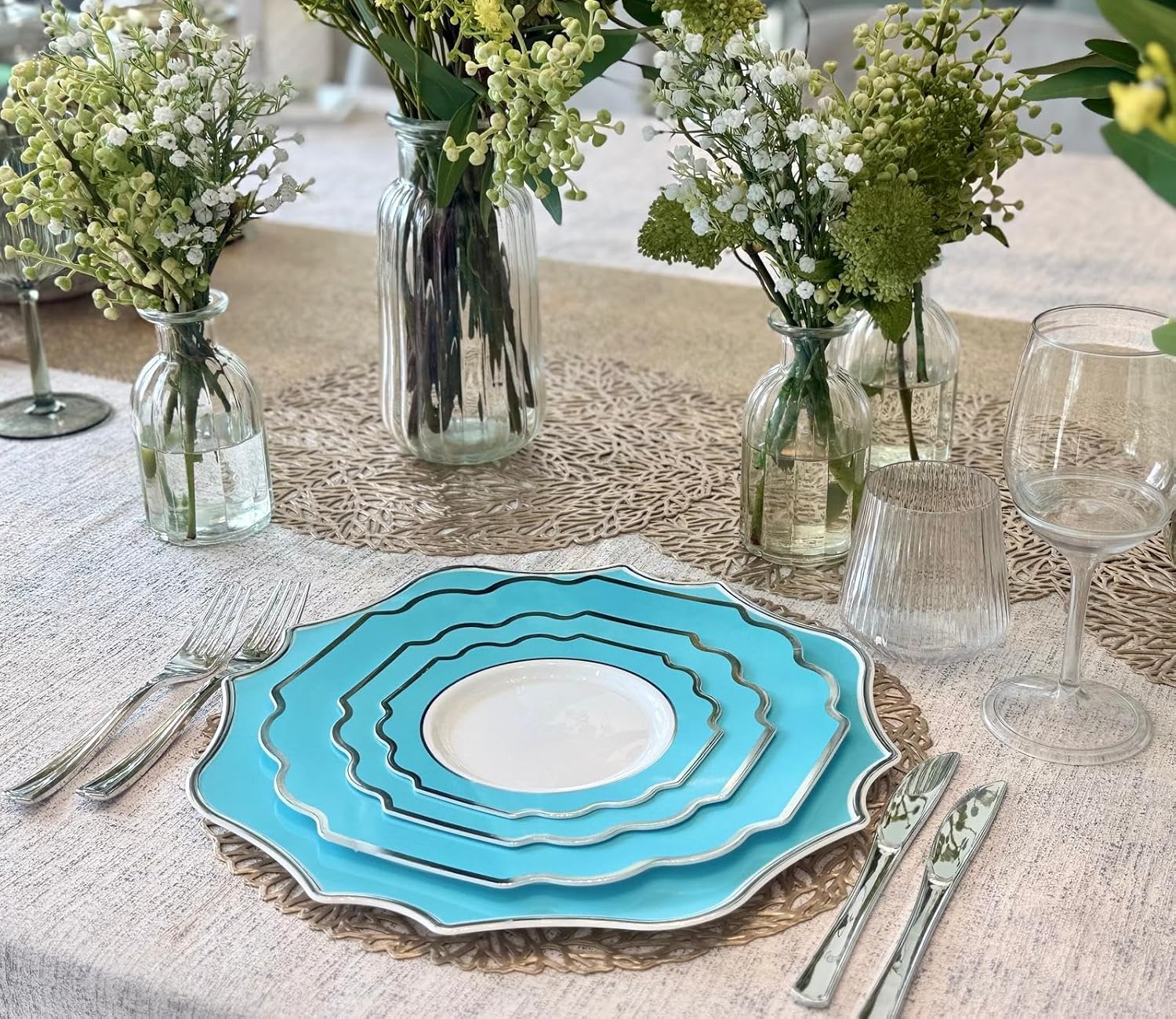 " OCCASIONS " 40 Pieces 13.25'' Scalloped Disposable/Reusable Plastic Charger Plates for Wedding, (Scalloped Imperial Turquoise Blue/Green & Silver)