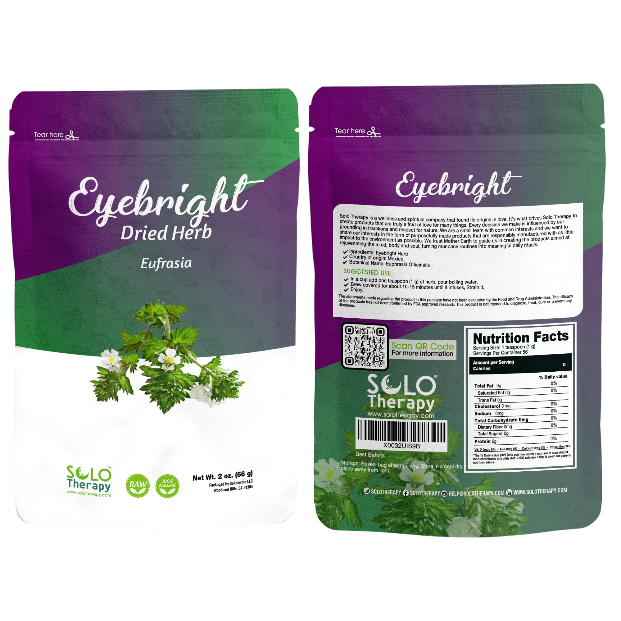 Solo Therapy Eyebright Herb 2 oz. , Eufrasia, Euphrasia Officinalis Dried Herb, Eyebright Herb Tea, Resealable Bag, Product From México