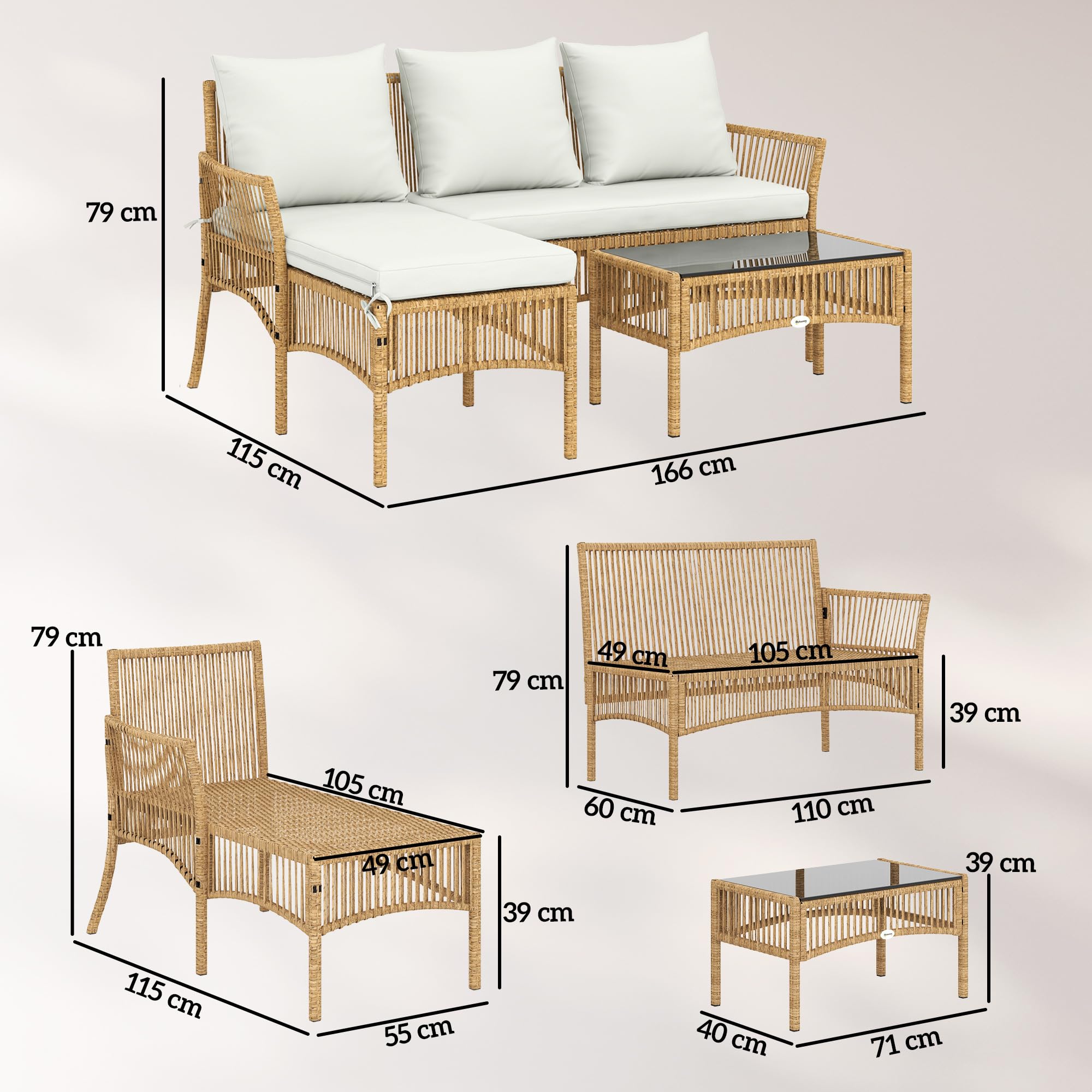 Outsunny Salon de Jardin Extérieur d'angle 4 Places Résine Tressée, Crème | Canapé 2 Places, Chaise Longue, Table Basse, Plateau en Verre Trempé, Coussins, Mobilier de Jardin, Terrasse, Patio