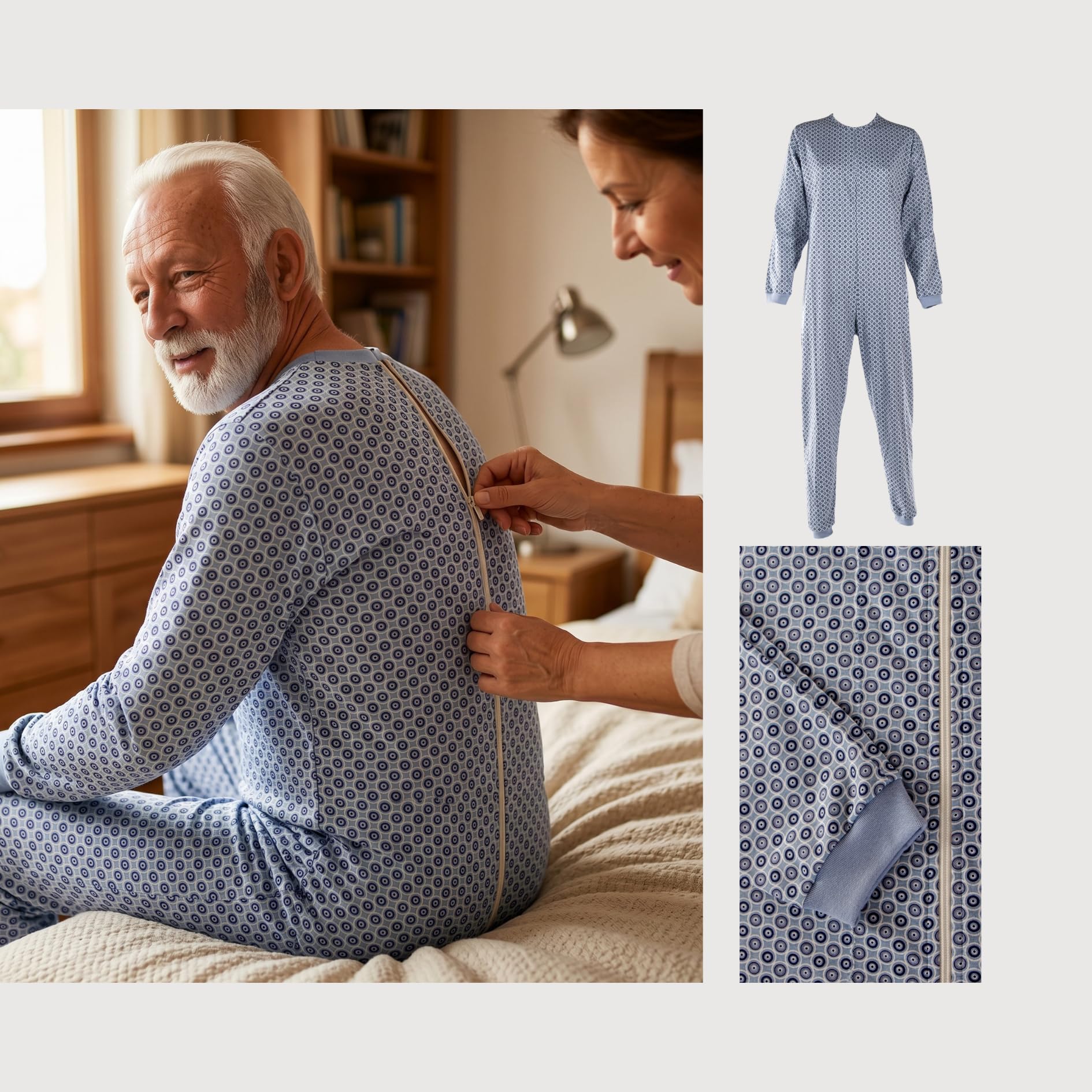 Pyjama intégral médical unisexe – Grenouillère adulte coton 100% – Pyjama dos zip seniors – Vêtements gériatriques confortables Made in Italy