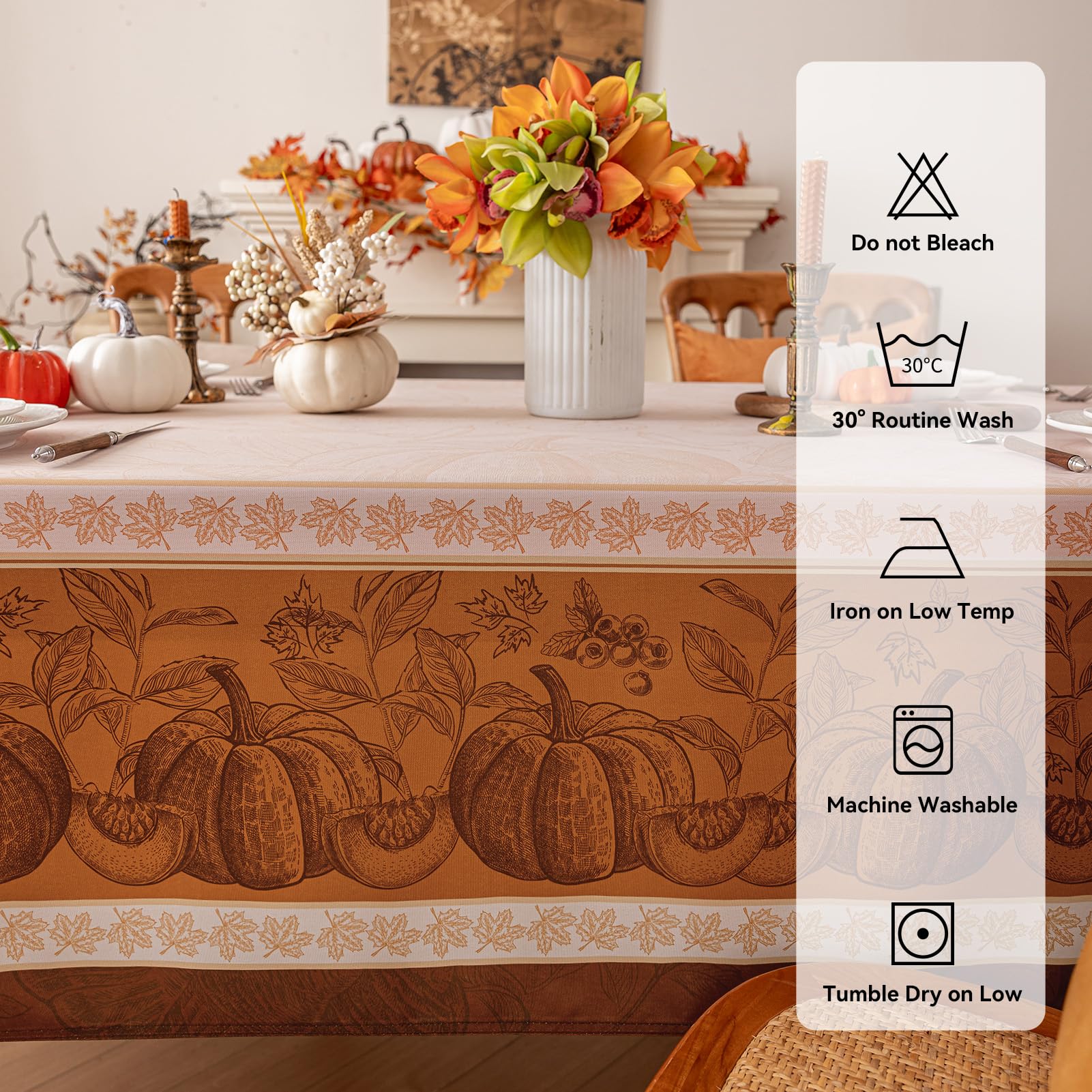Romanstile Tovaglia antimacchia Rettangolare 180x140 cm Tovaglie da esterno impermeabile con motivi di zucca e foglie d'acero d'oro moderna Decor autunnale per halloween, cucina, caffè (6-8 posti)