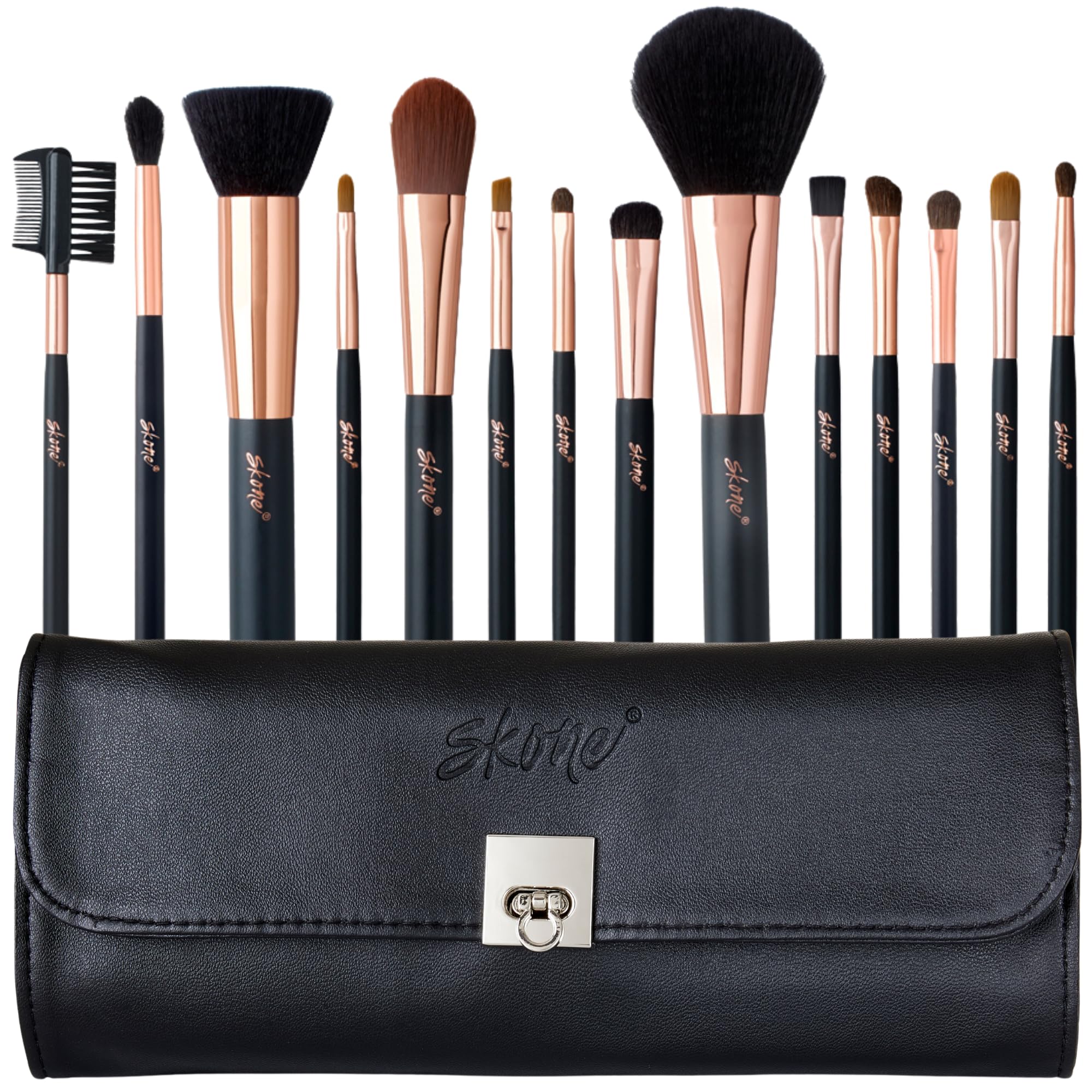 Skone Set di 14 pennelli da trucco professionali per viso, colore oro rosa e nero sintetico, per uso quotidiano, ombretto, fumo, labbra, sopracciglia, liner, sbavature, fondotinta, contorno, creme,