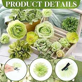 BBTO 21 Pcs Flower Hair Clip Rose Hair Clips Barrettes for Women Flower Accessories Boho Bride Claw Clip Hairpin Brooch Pin Headpiece for Wedding(Green Series)