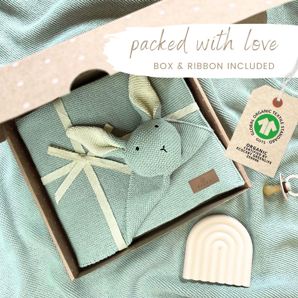DIKOS® Original Baby Blanket Cuddly Rabbit Mint 100% Organic Cotton Newborn Blanket Sustainable Cuddly Blanket Knitted Girls Comfort Blanket Pram Baby First Equipment Gift for Birth - Image 2