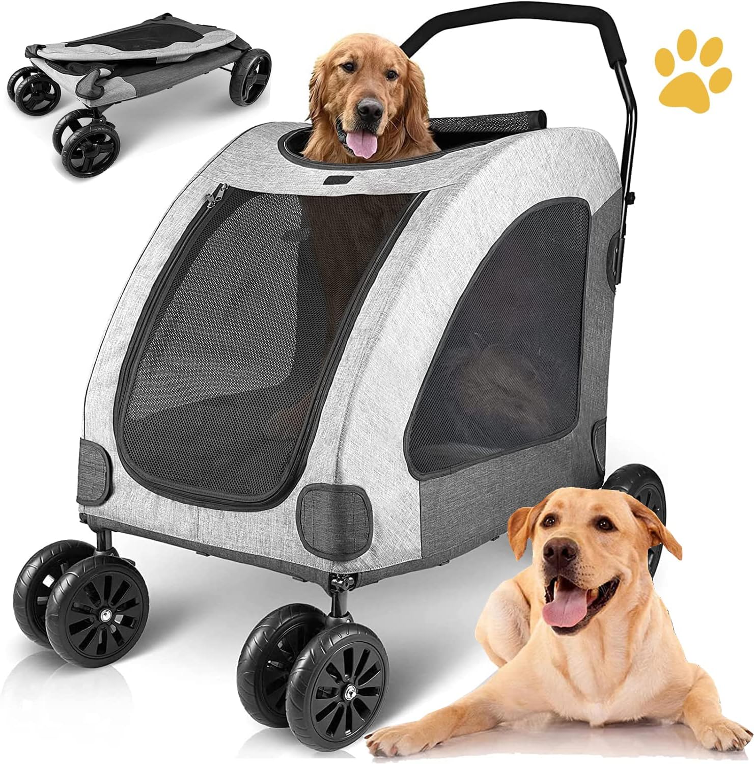 LIODUX Dog Stroller for Medium Large Dogs - Breathable Large Space, Waterproof Oxford Cloth & Storage Bag, Detachable Folding, Lightweight 4 Rubber Wheel, Breathable Mesh, Big Capacity Up to 60KG/Grey