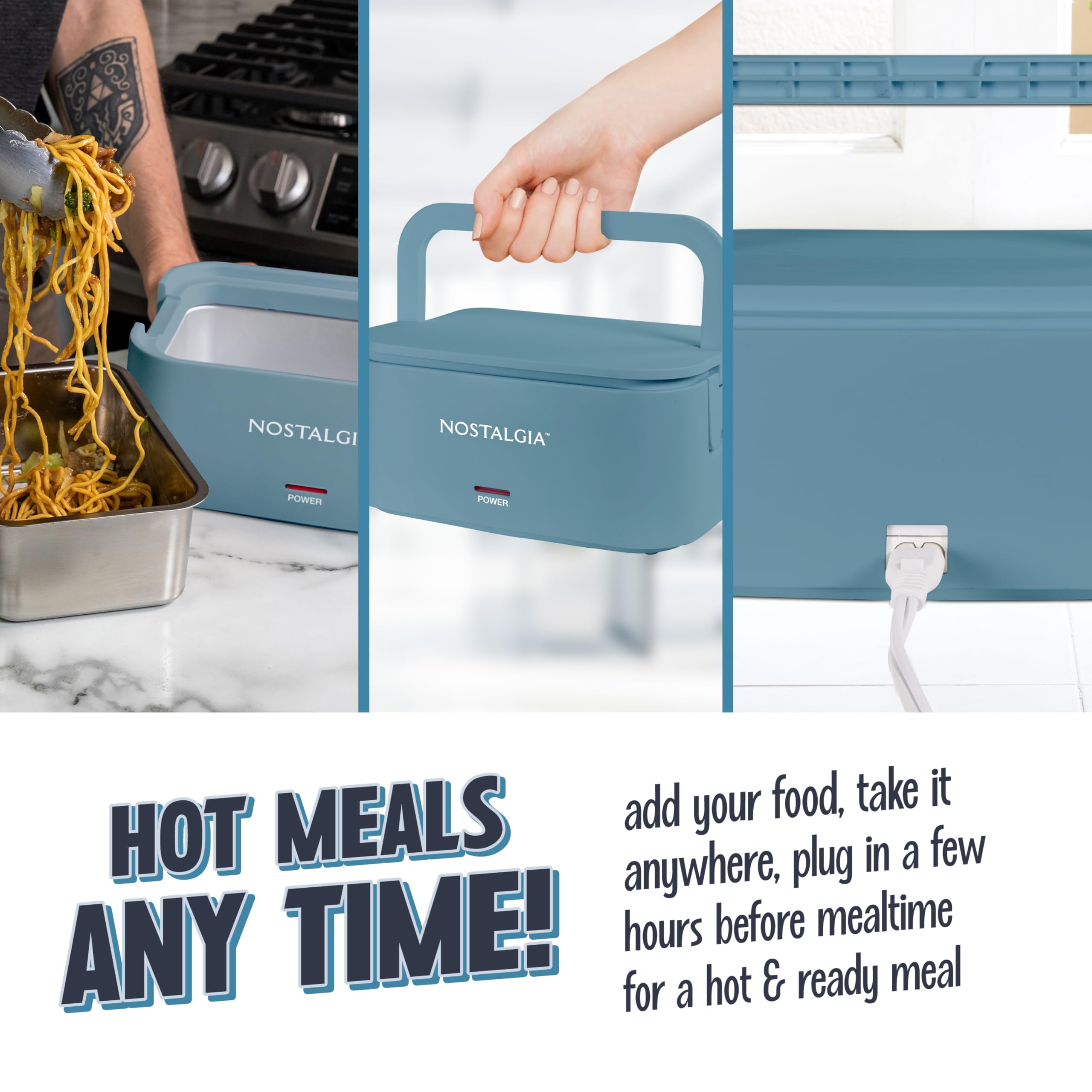 Nostalgia Lonchera portátil con calefacción, calentador de alimentos de acero inoxidable para 4 tazas, cable desmontable, tapa a prueba de fugas, asa de transporte, portátil para el trabajo y viajes