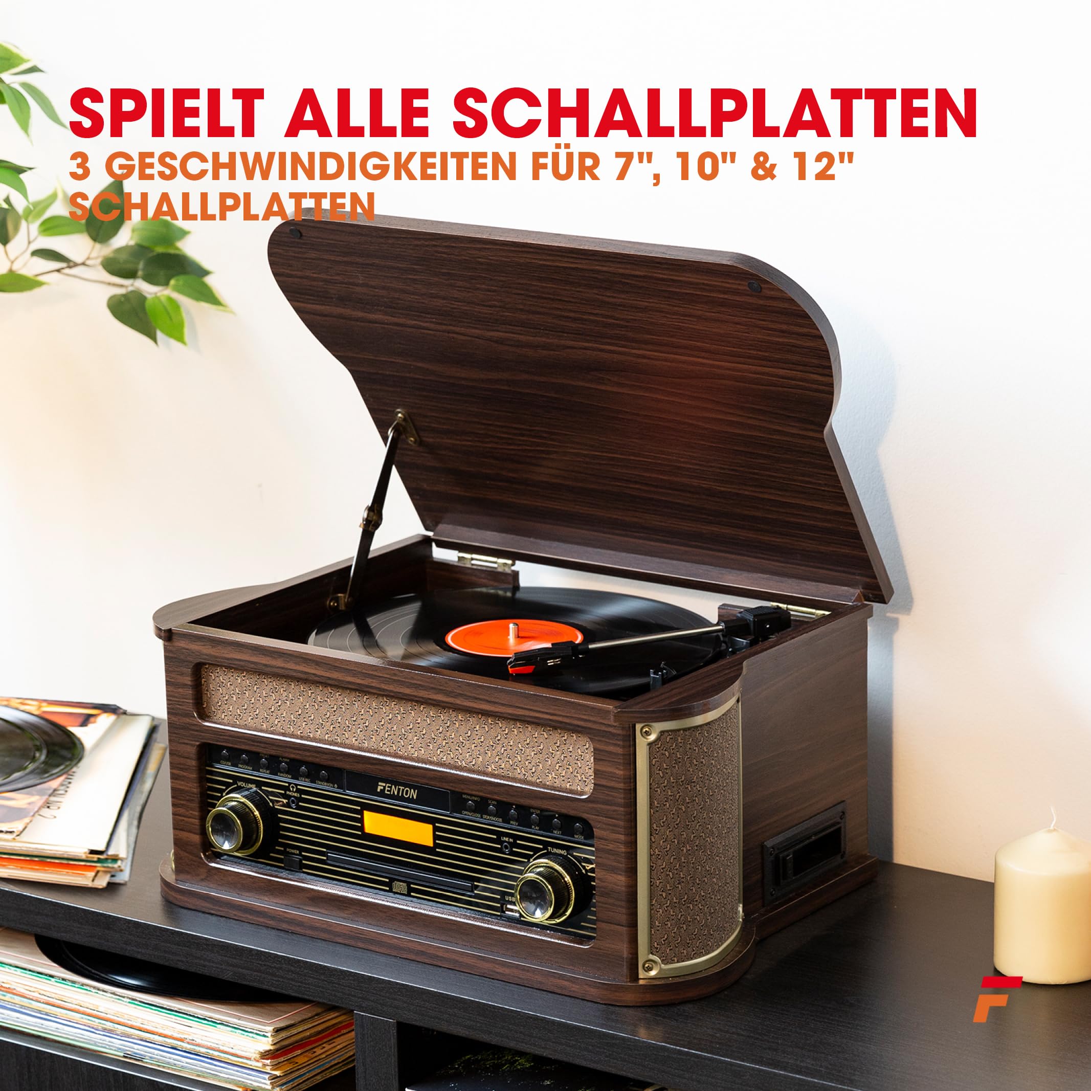 Fenton Memphis, Kompaktanlage mit Plattenspieler Retro, DAB+ Radio, MP3, CD | Retro Schallplattenspieler mit DAB Radio, Bluetooth, Kassettenpieler, USB, Dunkelbraun, FM, Vinyl Player, Kassettenspieler
