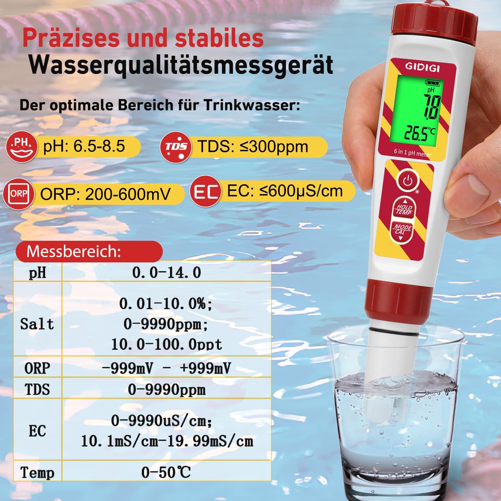 6-in-1 Digitaler Wasserqualitätstester für Pools und Hydrokulturen, pH/ORP/TDS/EC/Salzgehalt/Temperatur mit ORP-Kalibrierlösung, für Aquarien, Trinkwasser, Brauen