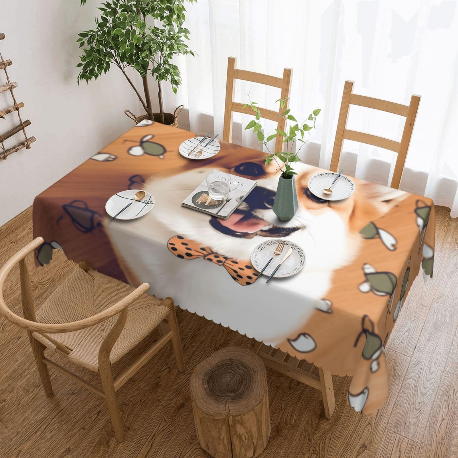 WPKJU Cute Corgi Printed Rectangle Tablecloth 72x54 Inch with Lace Trim, Water-Resistant Washable Table Cover for Farmhouse Weddings, Outdoor Picnics & Holiday Dining