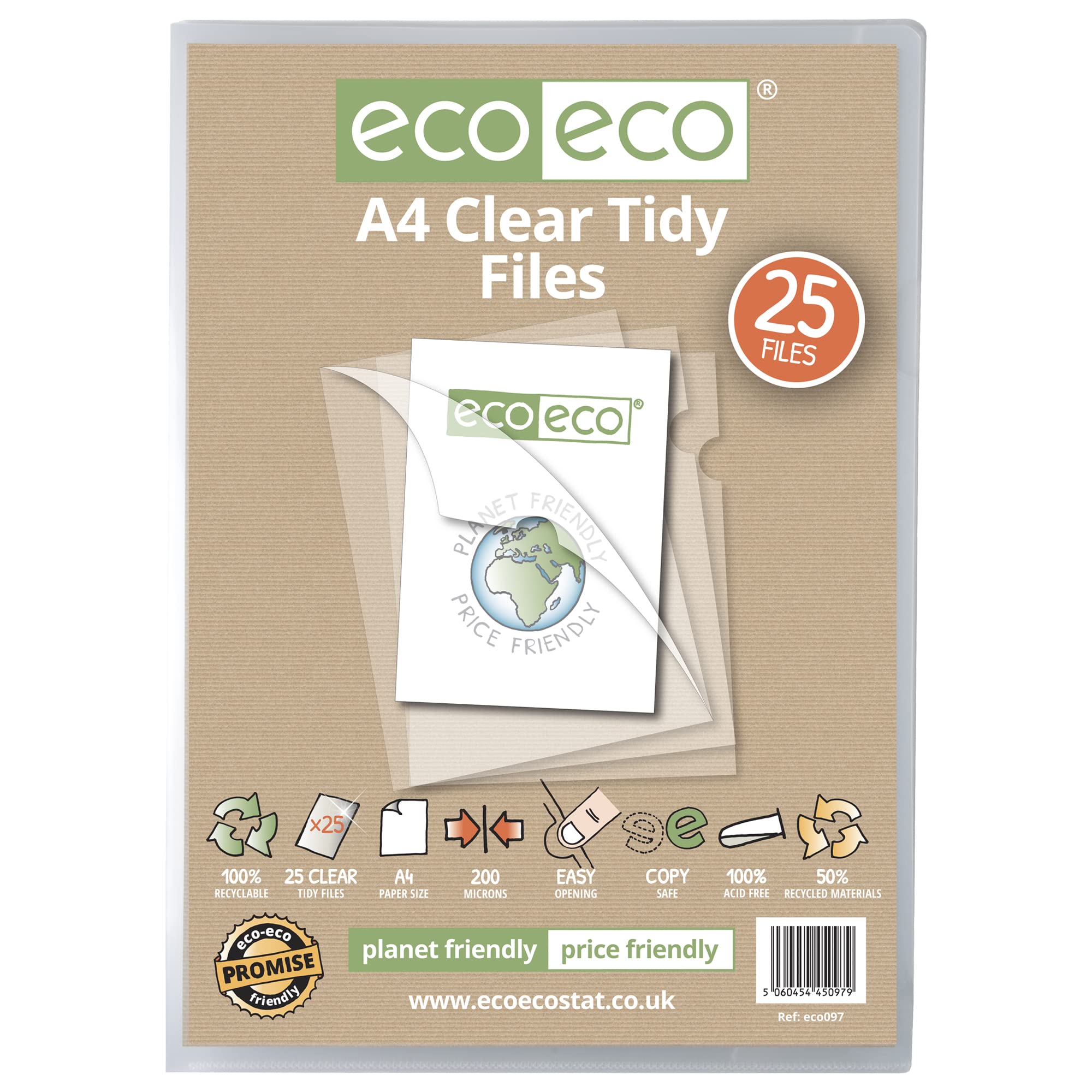 Eco eco A4 Tidy Files Clear Cut Flush Report Folder 50% Recycled Office 25 Pack