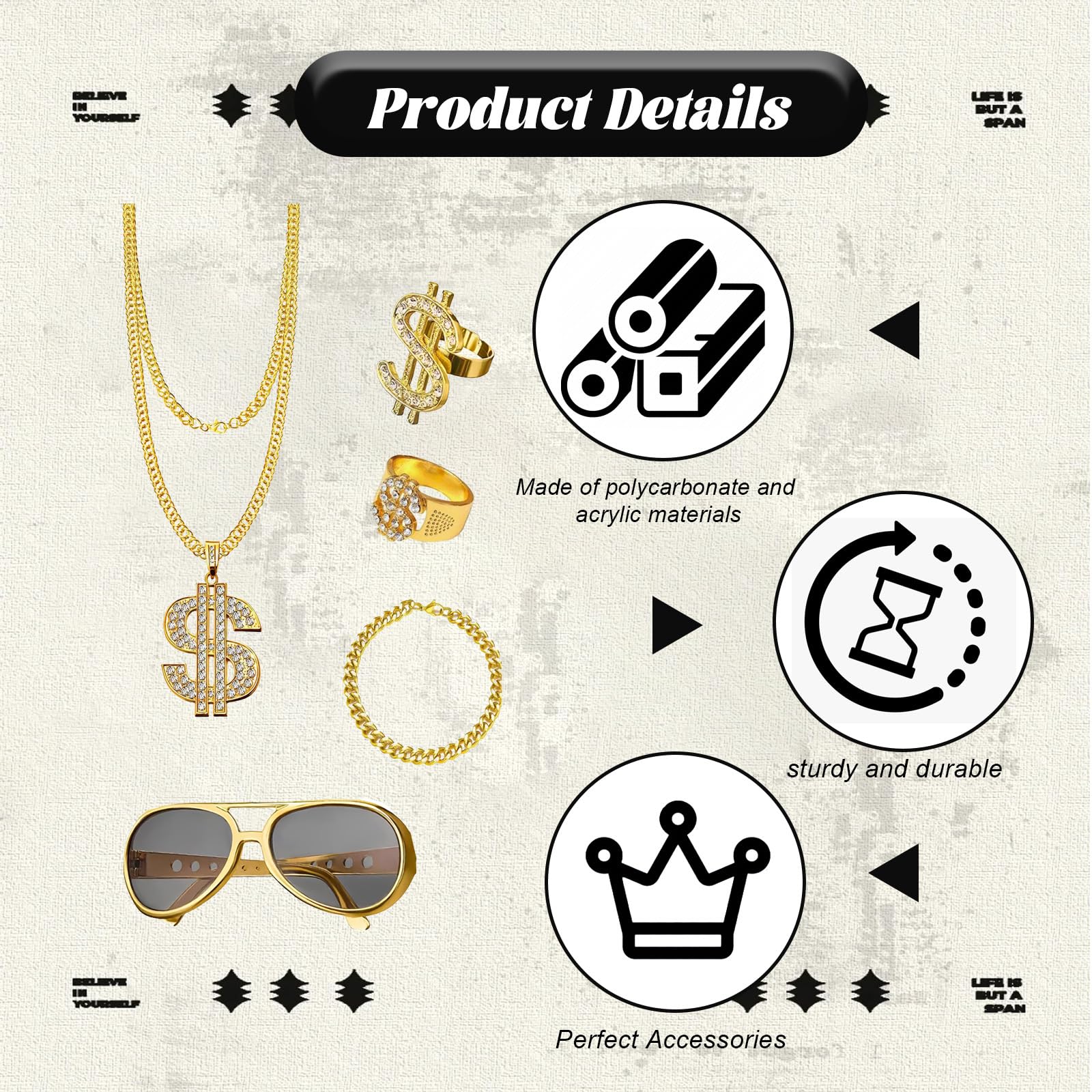 5 Pcs Hip Hop Costume Set,80s Fancy Dress Men and 90s Gold Chain Fancy Dress Accessories,Party Rings,Fake Gold Bracelet,Fake Dollar Sign Necklace for Men and Women,Rapper Masquerade Accessories - Image 3