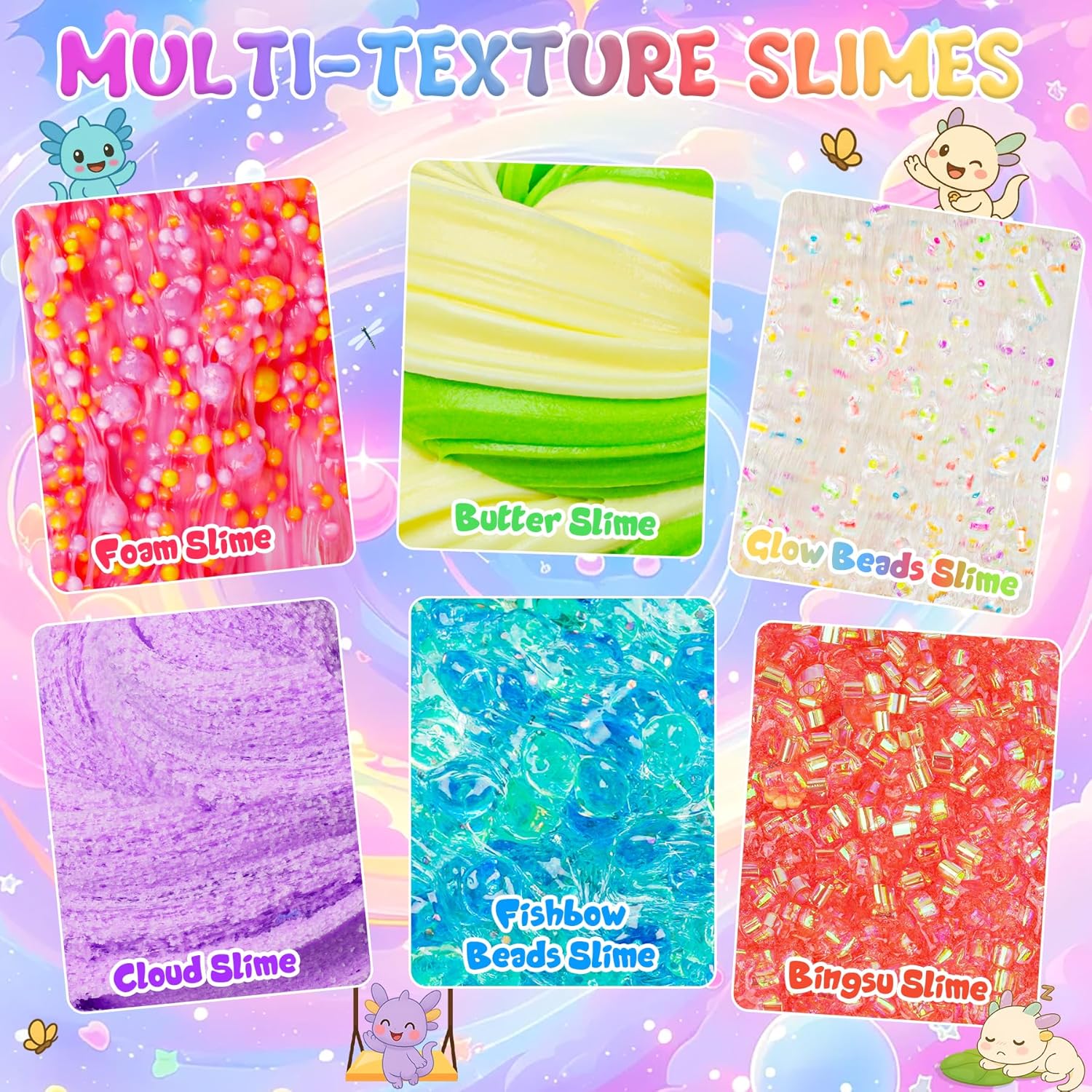 Axolotl Slime Kit 6×100ml (20oz Total) - Slime Variety Pack with Different Textures & Axolotl Charms, Glow in The Dark Slimes, Crunchy Slime, ASMR, Birthday Party Favor, Axolotl Fidget Toys