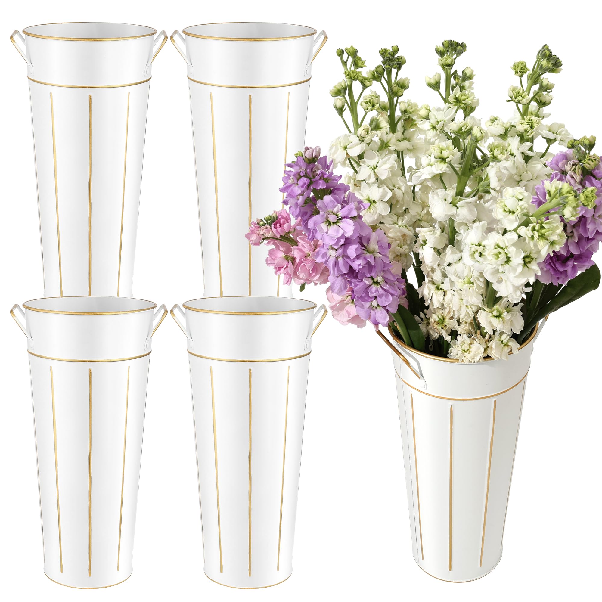 Photo 1 of Dualshine 12 Inch Galvanized Flower Bucket, Bloom Bar, 4 Pcs Metal Bucket with Handles, Flower Bar Supplies, Farmhouse Wedding Centerpiece, Home Decor, Balcony Garden (White)