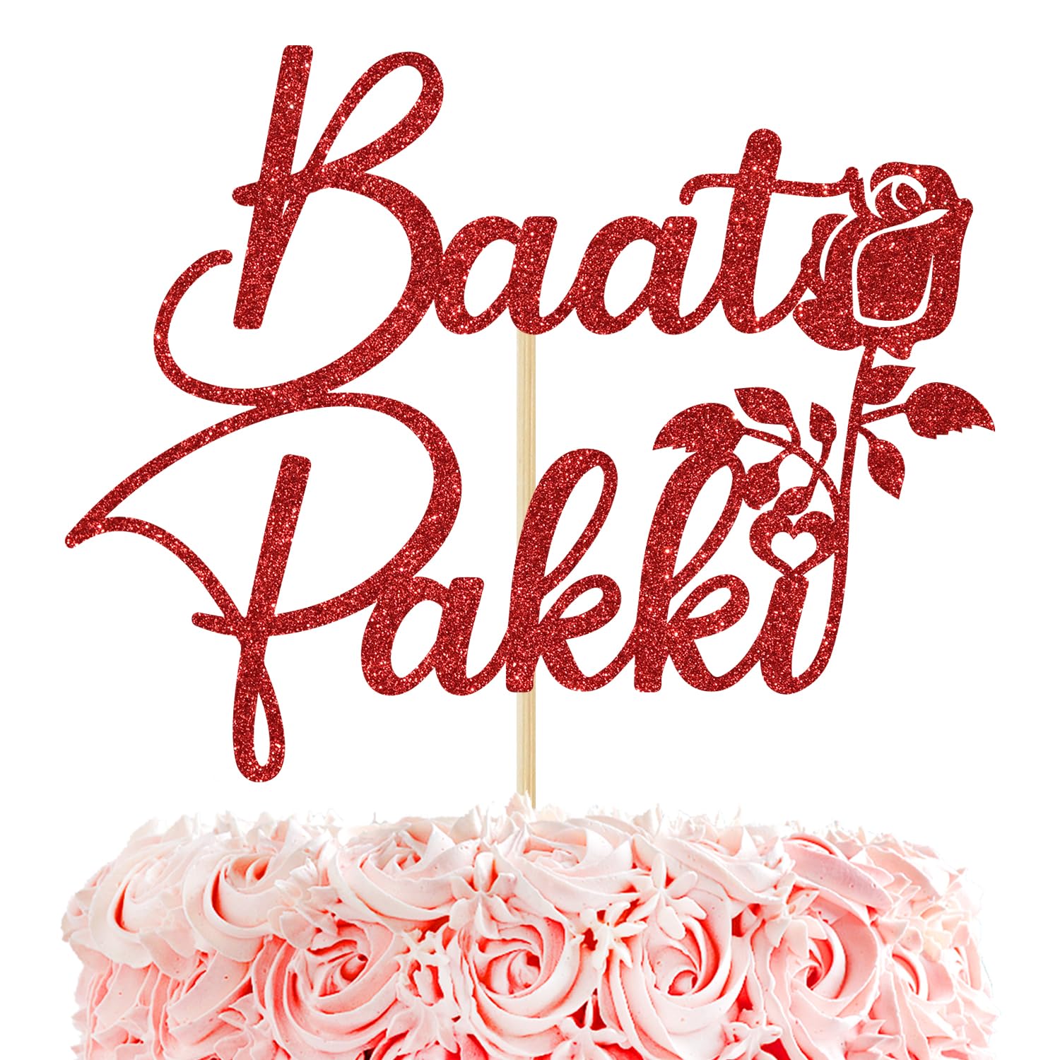 Baat Pakki Cake Topper for Bridal Shower/Engagement/Bachelorette Party Decoration Supplies, Red Glitter