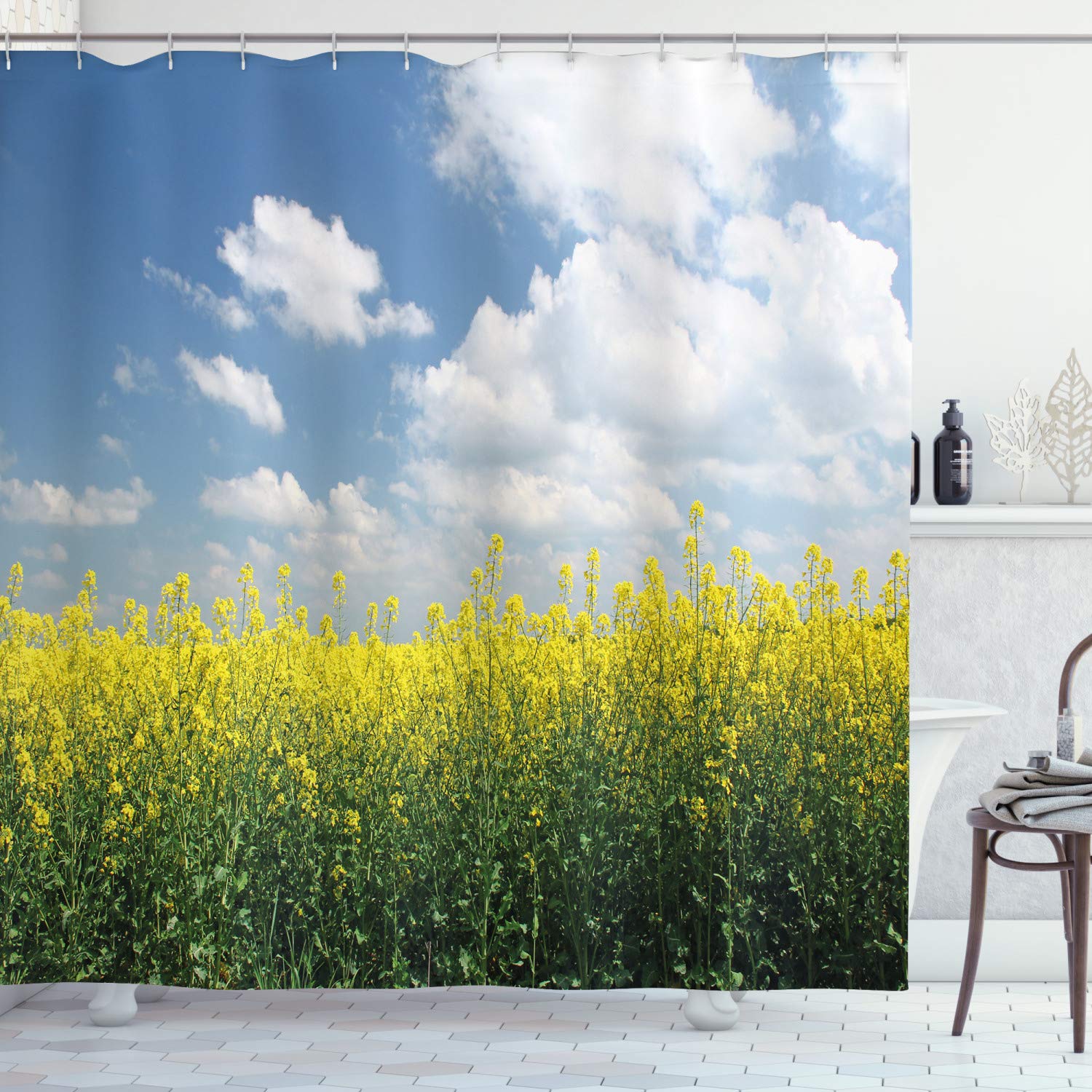 ABAKUHAUS Country Home Shower Curtain, Blooming Rapeseed Field and Clear Sky Clouds Saxony Germany Rustic Eco, Cloth Fabric Bathroom Decor Set with Hooks, 94 Inches, Yellow Green Blue — image 1