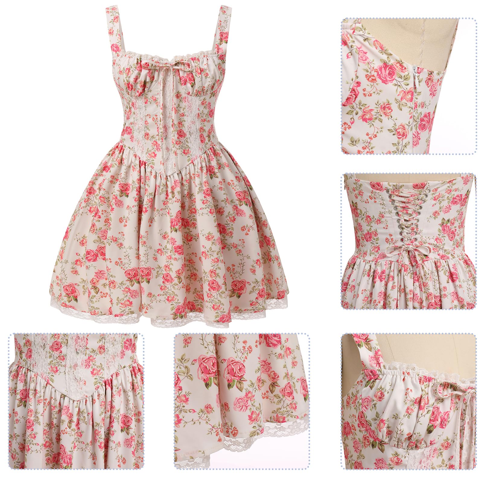 Women's Short Corset Sundress Boho Mini Dress Sleeveless Backless Low Cut Lace Dress Summer: Small Beige Pink Floral