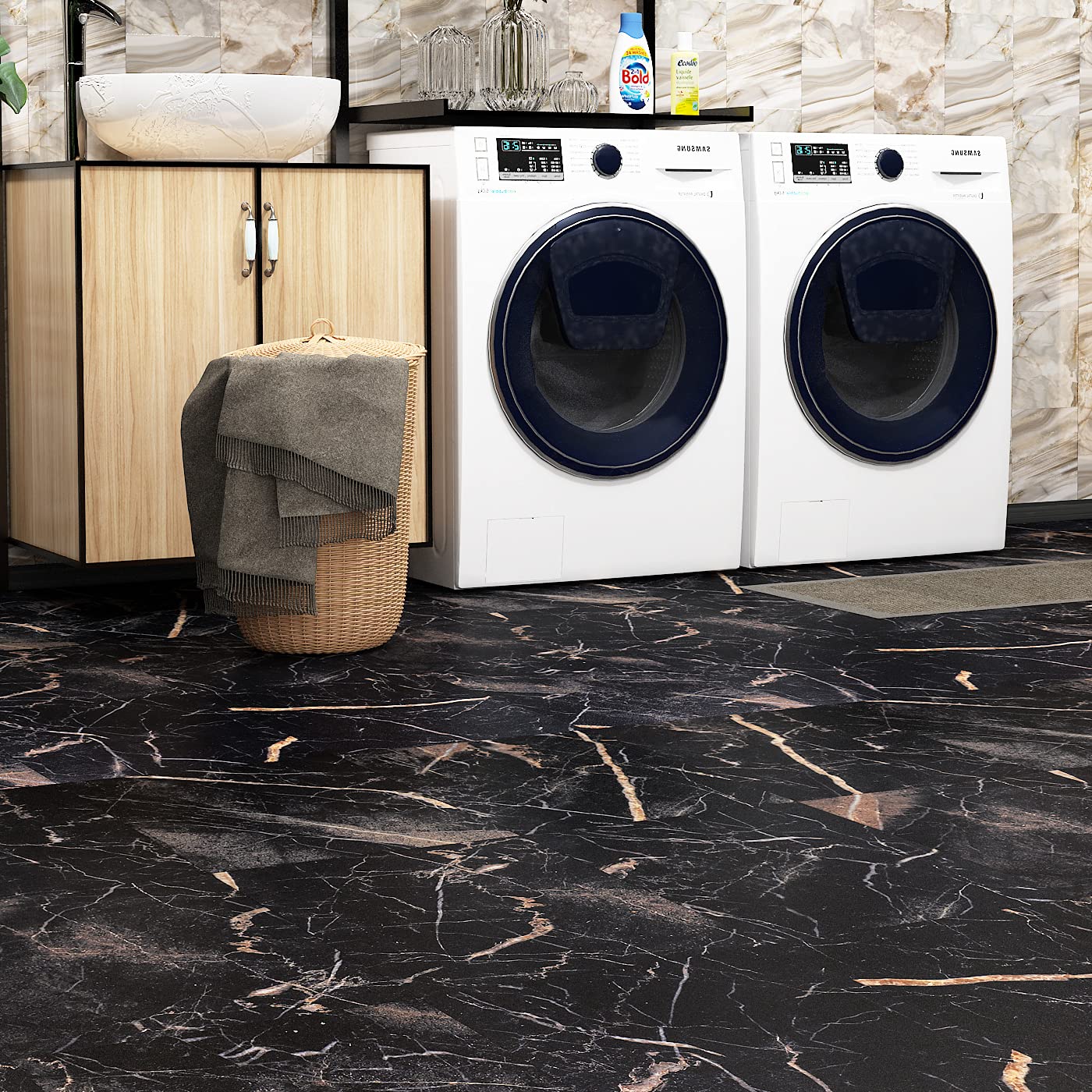 FunStick Marble Peel and Stick Floor Tile Black 12 x 12 Inch 15 Pack