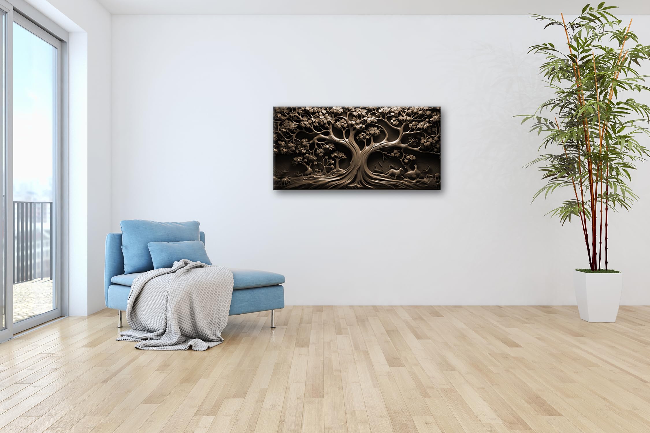 Leinwandbild Baum des Lebens, kunstvoll geschnitzt in zeitlosem Holz. Panorama 100x50cm Effekt: Sepia XXL Kunstdruck Bild auf Keilrahmen/Wandbild/Wohnzimmer Dekoration