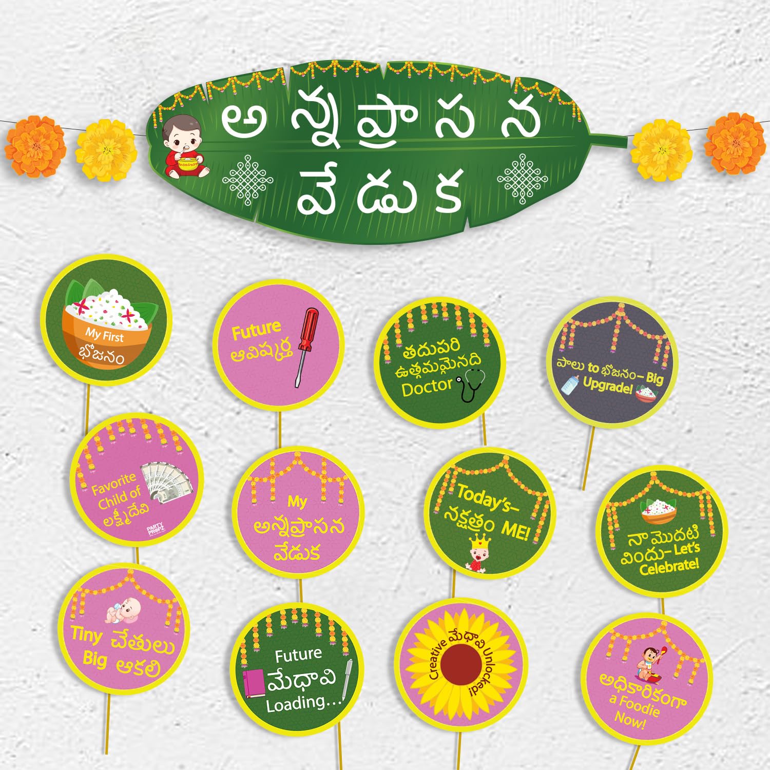 Party Propz Annaprashan Telugu Banana Leaf Banner Decoration Kit - 26 Pcs Annaprashan Banner for Rice Ceremony Decoration with Props, Chor oti Decoration Items, Rice Ceremony Decorations Items-image-48