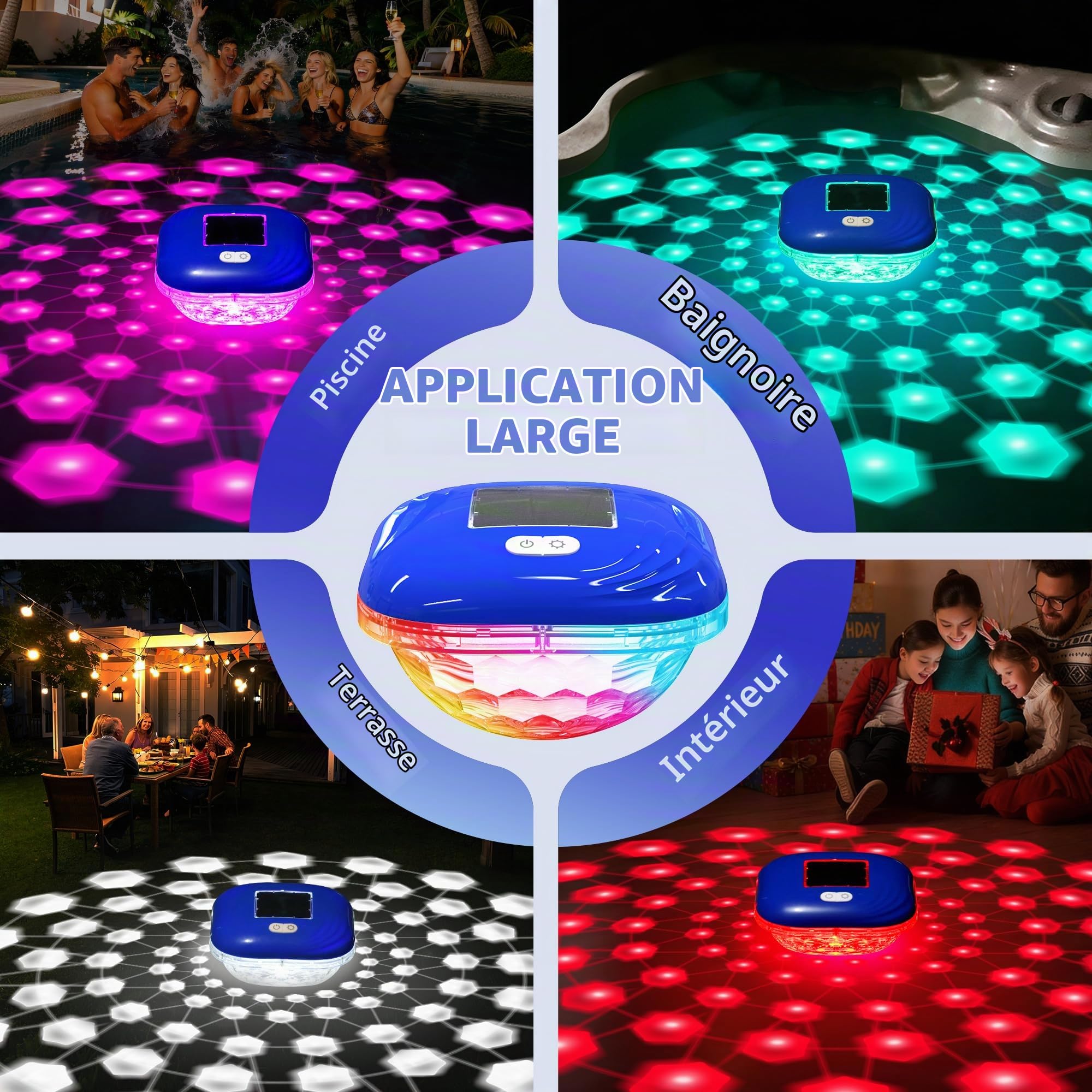 Luxfero Lampe Piscine Flottante Solaire, Lumiere Piscine avec 9 LED Spectacles Changeantes, Étanche IP68 Lumiere Piscine, Contrôle par touches, Éclairage Piscine Extérieure pour Étang Jardin -2 Pièces