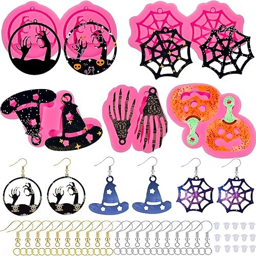 245Pcs Halloween Earring Resin Mold Kit,Halloween Earring Silicone Molds Halloween Dangle Earring Pumpkin Bat Spider Web Earring Moulds with Hole/Earring Hook DIY Epoxy Resin Casting Molds for Women