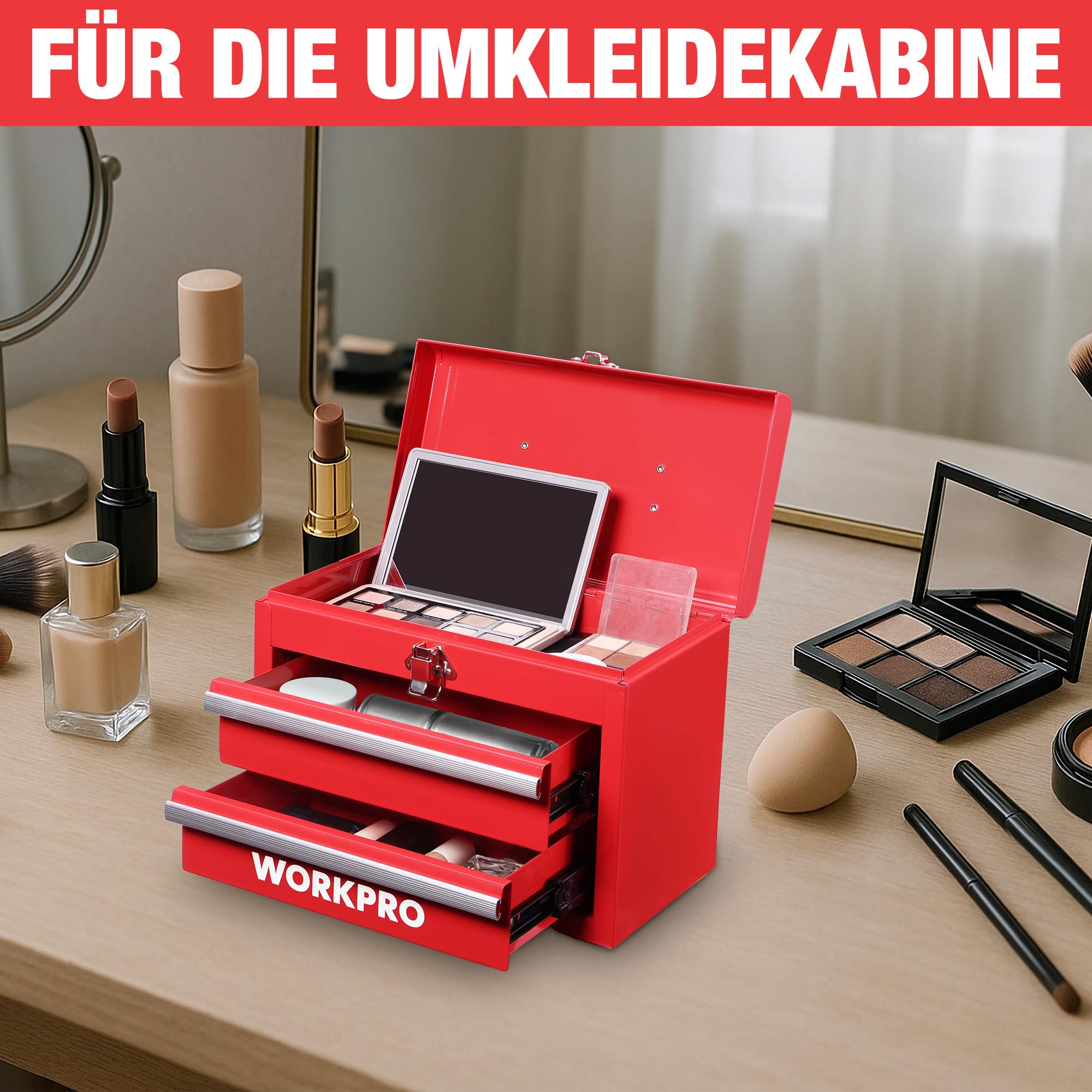 WORKPRO Metall Schubladenbox 2 Schubladen, Rot, Tisch Organizer | Tragbarer Organizer mit Griff und oberem Stauraum, ideal für Büro, Schreibtisch und Werkzeugaufbewahrung
