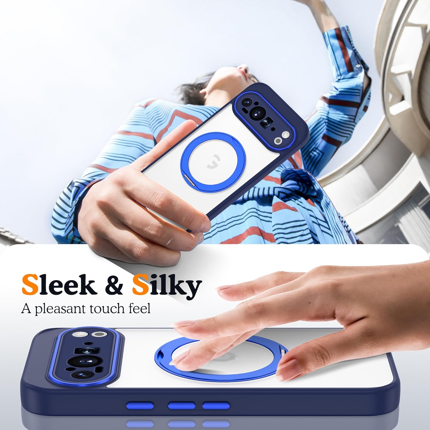 Compatible with Google Pixel 10 Pro XL Case with 360° Magnetic Ring Stand [Compatible with Mag-Safe ] Shockproof Translucent Phone Case for Google Pixel 10 Pro XL 6.8'',Blue