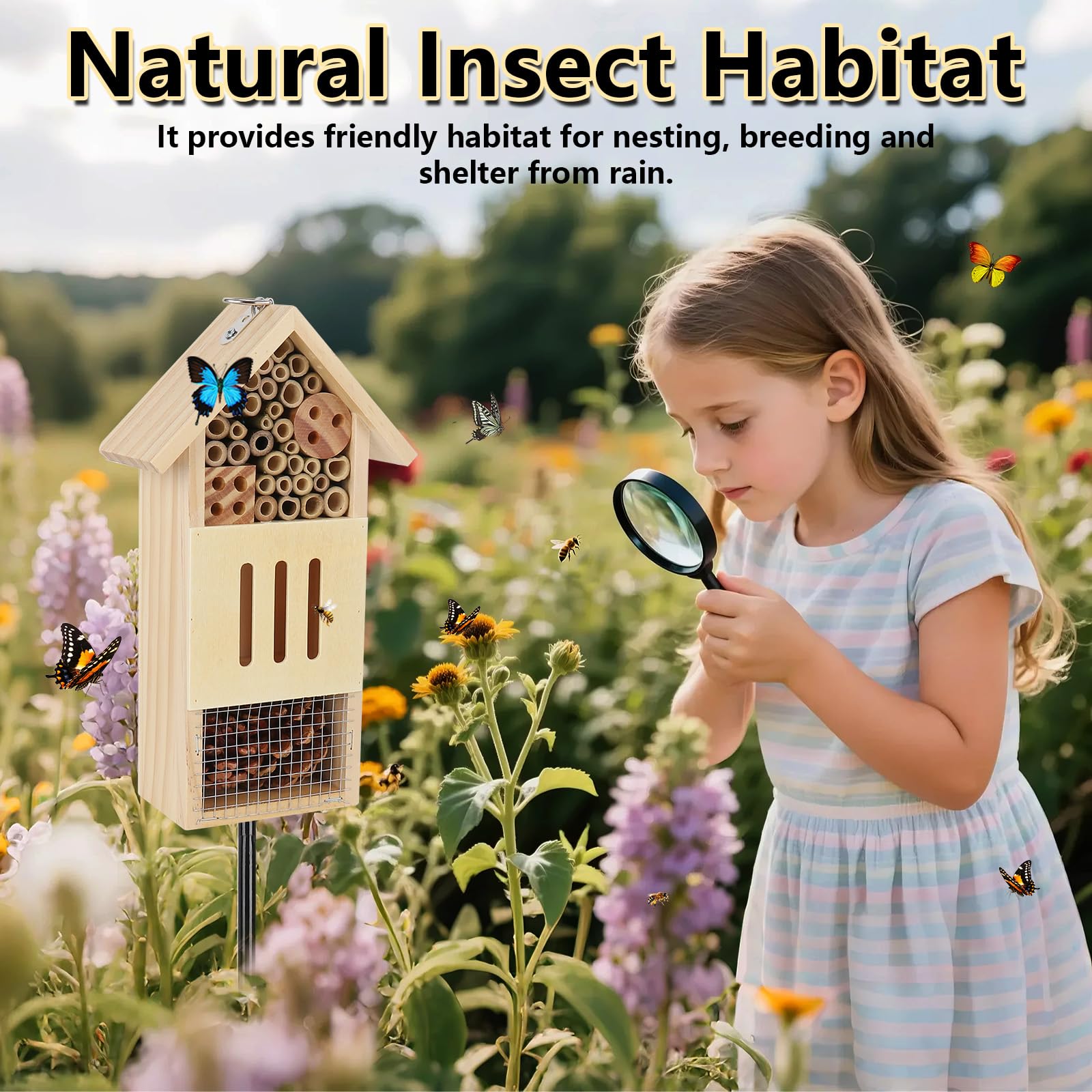 Lettry Casetta per insetti in legno, con paletto in metallo, per giardino, casa delle api e hotel per farfalle a terra o appesa alla parete dell'albero, habitat naturale per insetti per api, farfalle