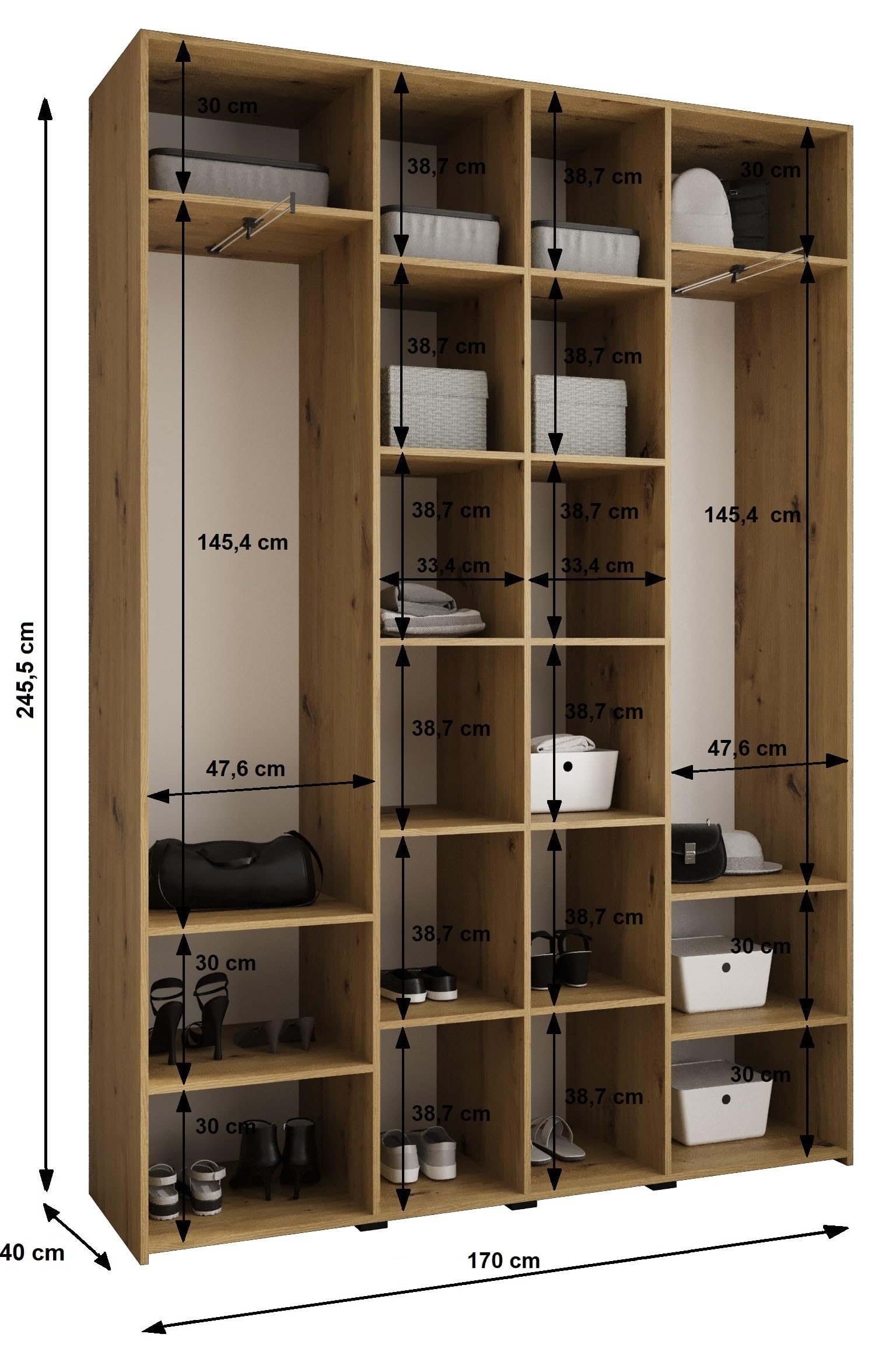 MEBLE KRYSPOL Como 3 Schrank mit 4 Türen - Kleiderschrank - Garderobe - Aufbewahrungsschrank für Schlafzimmer, Jugendzimmer, Kinderzimmer - 245,5x170x40cm - Weiß, Gold