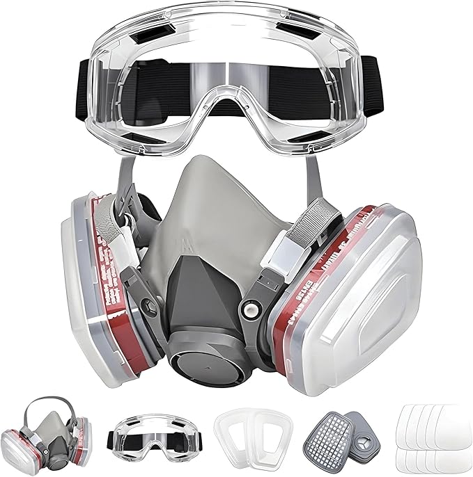 Respirator Mask for Spray Painting, Woodworking, Welding, Dust, and General Safety with Clear Eye Goggles, 10 Replacement Filters, Half Face Cover with Safety Glasses