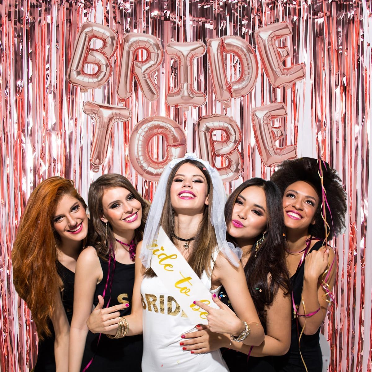 EFAILY Bachelorette Party Decorations - Rose Gold Bridal Shower Party Decor and Supplies Kit Bride To Be Sash, Veil, Temporary Tattoos, Confetti Balloons Pack Fringe Curtain.
