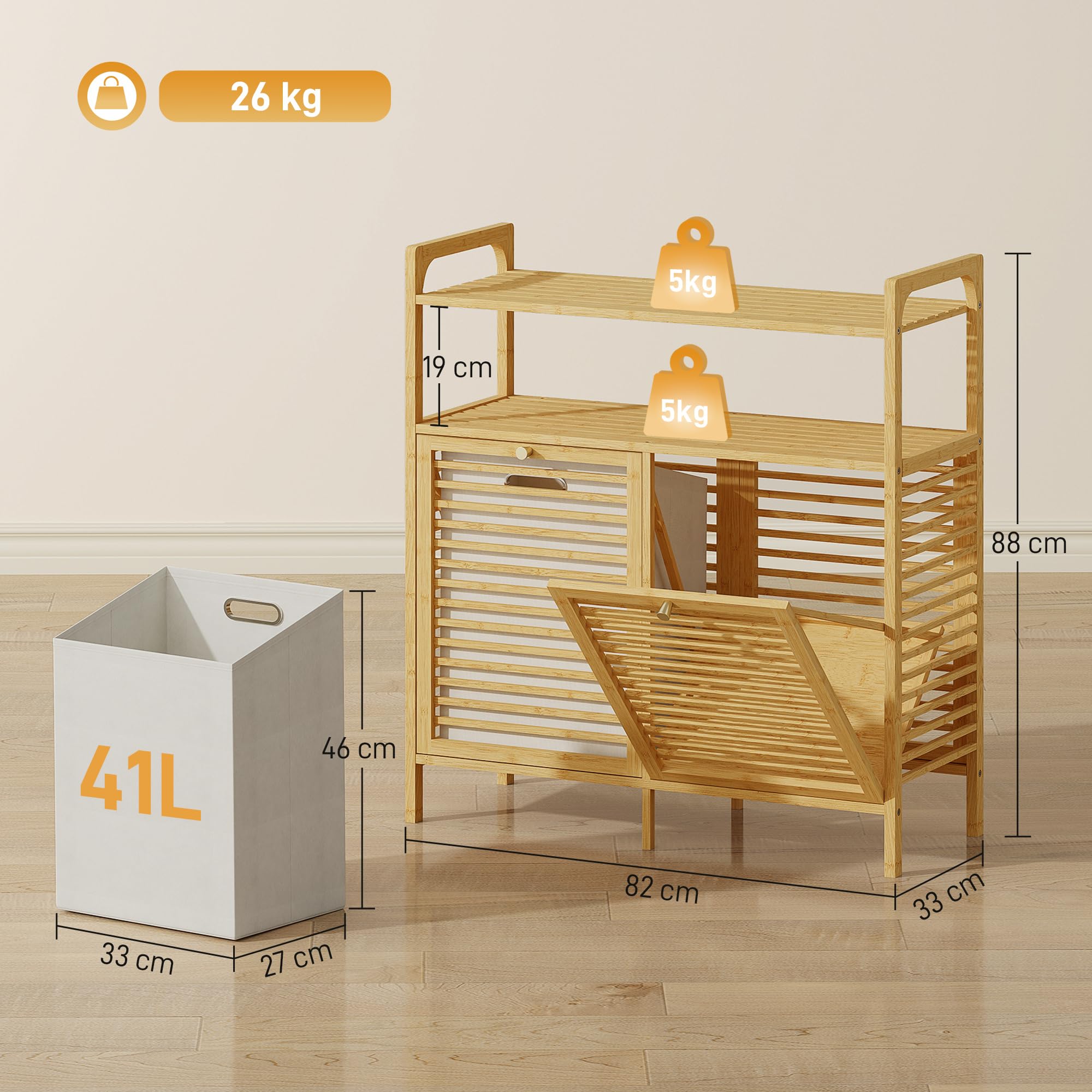 HOMCOM Mueble de Baño con Cesto Ropa Sucia 82x33x88 cm Natural y Crema | Mueble Ropa Sucia de Bambú, 2 Bolsas 2x41 L Extraíbles y Lavables con Asa, 2 Estantes Abiertos, para Lavadero