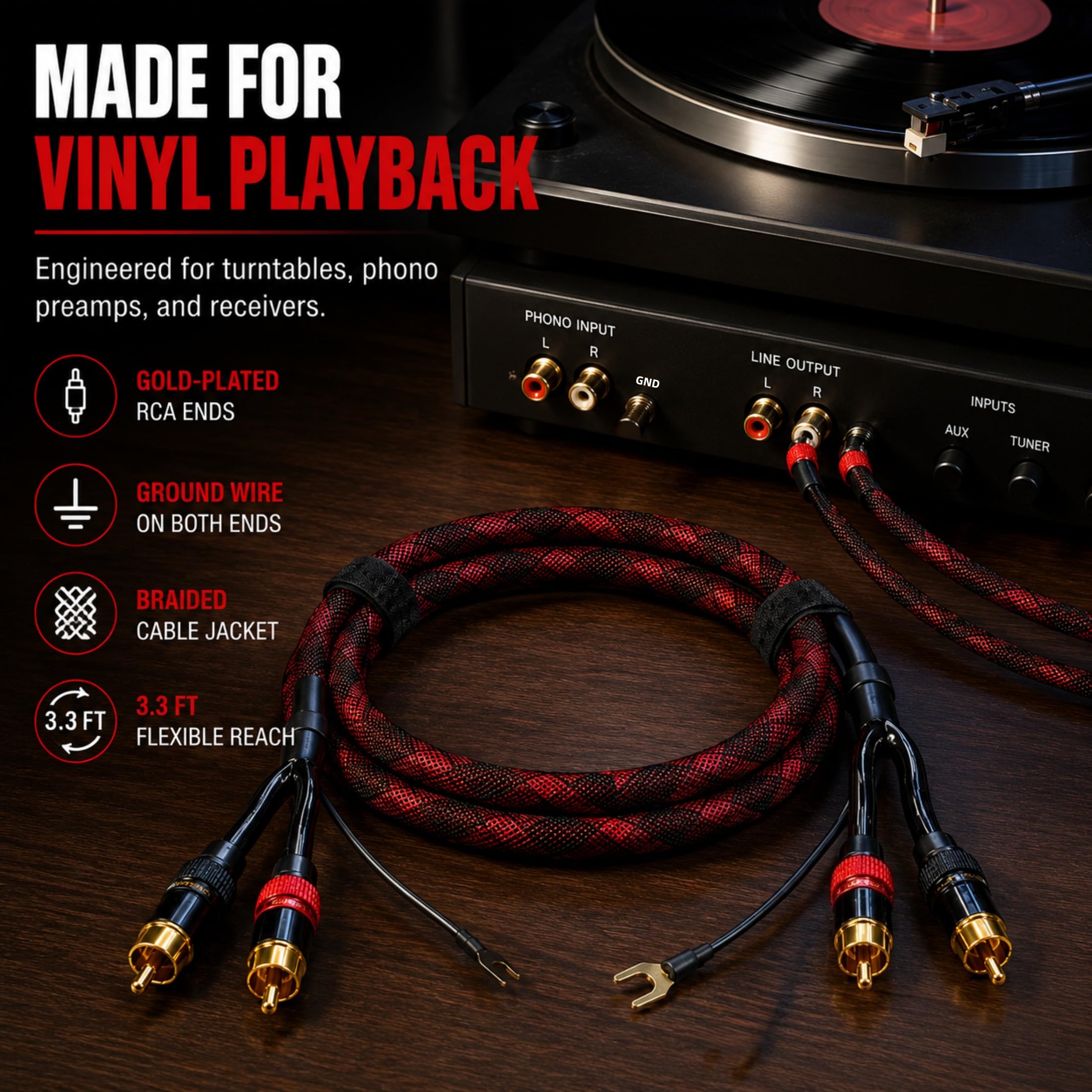 Câble RCA avec fil de terre pour platine, 1 m, câble audio stéréo tressé OFC 18 AWG, connecteurs plaqués or pour préampli, tourne-disque, mixeur DJ, amplificateur, 1 lot