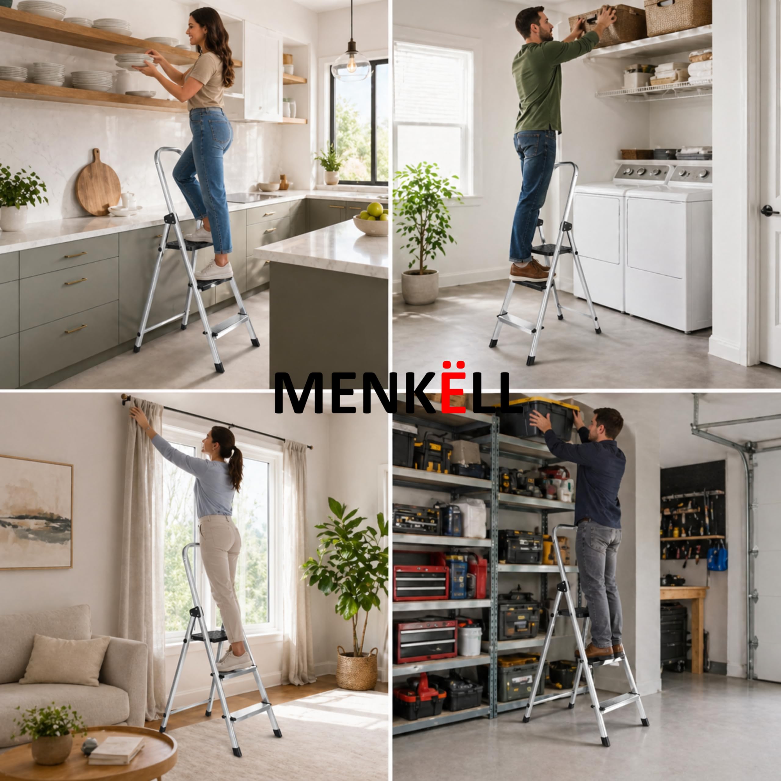 Scala in Alluminio 4 Gradini - Portata 150kg, Certificata EN131 - Antiscivolo, Ultraleggera e Salvaspazio - Uso Domestico e Lavorativo - Pratica da Aprire, Chiudere e Riporre (1 Scala, 3+1 Gradini)