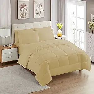Sweet Home Collection 5 Piece Comforter Set Bag Solid Color All Season Soft Down Alternative Blanket & Luxurious Microfiber Bed Sheets, Camel, Twin