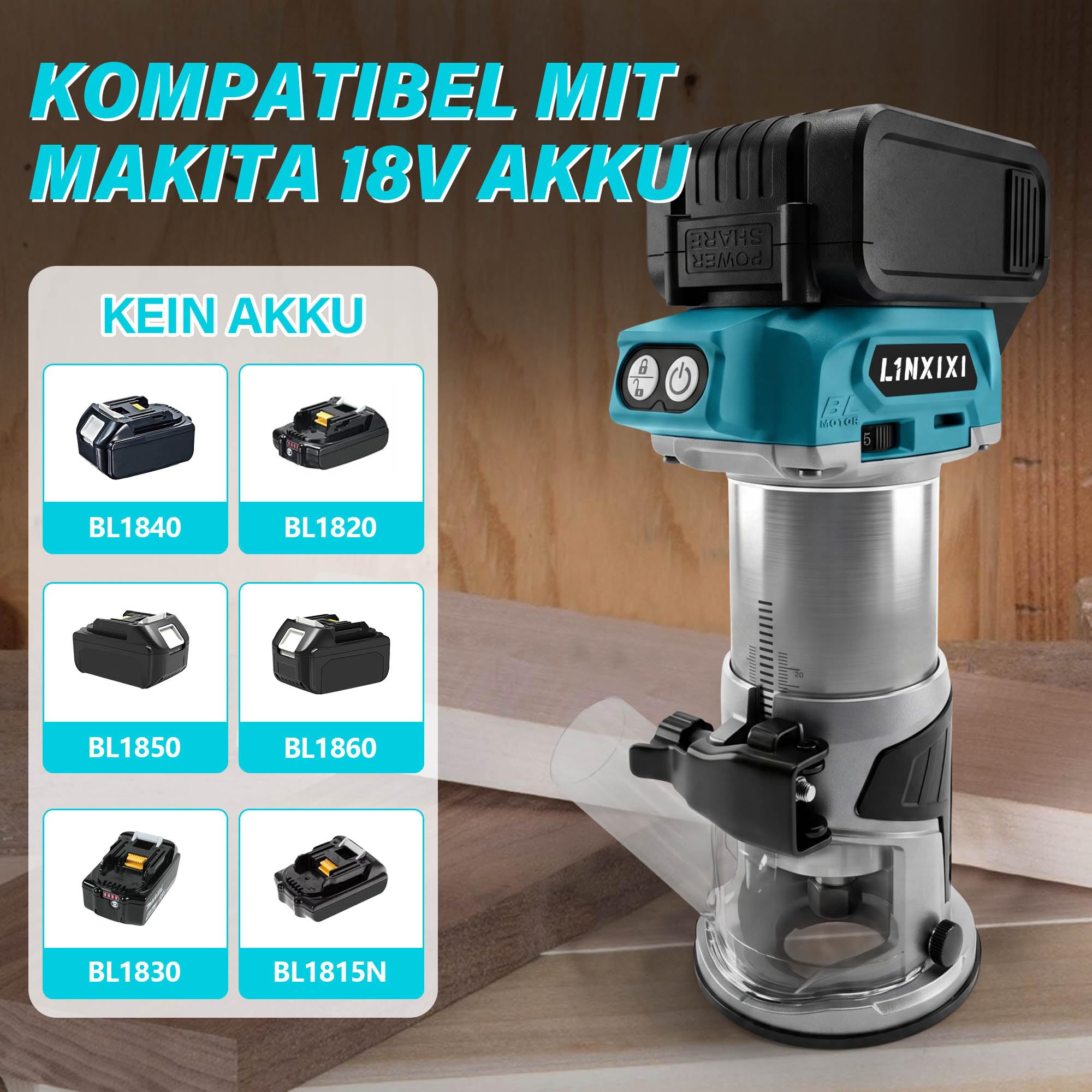 Akku Oberfräse für Makita 18V LXT Akku, 800W Bürstenloser Oberfräse mit 5 Geschwindigkeiten, MAX.30000 U/min, Akku Kantenfräse Einhandfräse mit 1/4" Fräser (ohne Akku)