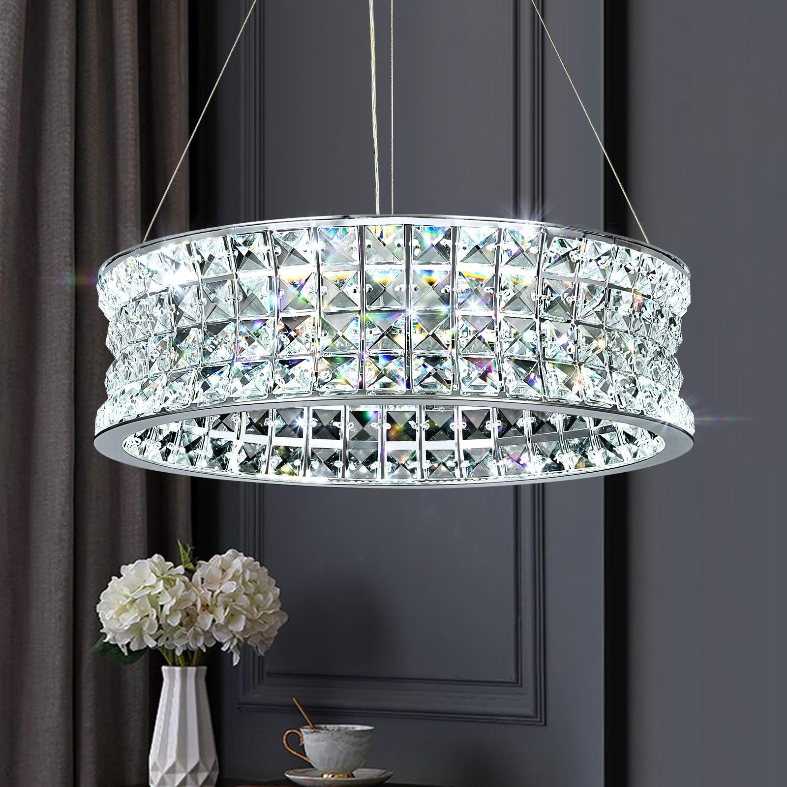 Moderna araña de cristal para el comedor, lámparas colgantes de LED cromo, lámpara colgante redonda de cristal para comedor, pasillo, balcón, isla de cocina, Φ40 cm