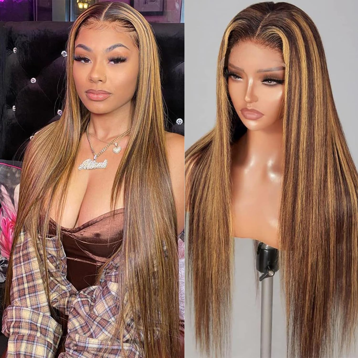 Straight Honey Blonde 200% Density HD Lace Front Human Hair Wig For Black Women,9X6 Max Part 4/27 Ombre Highlight Wear And Go Drawstring Glueless Wig Human Hair Pre Plucked Pre Cut For Beginner 20Inch