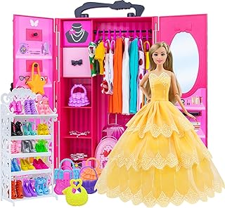 ZITA ELEMENT 11.5 Inch Girl Doll Closet Wardrobe Set 102 Pcs Clothes and Accessories Including Wardrobe Shoes Rack Suitcase Clothes Dresses Swimsuits Shoes Hangers Necklace Bags and Other Accessories